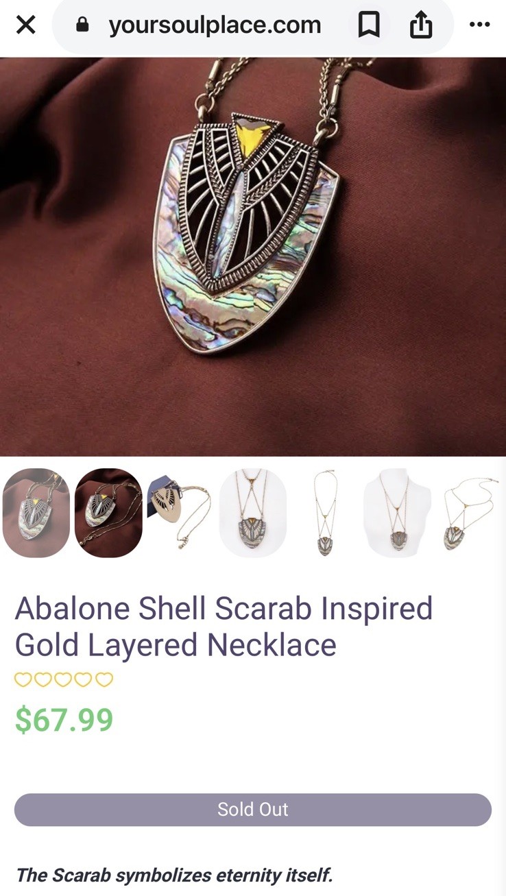 Art Nouveau Necklace Gold tone, Discontinued Art Deco revival Egyptian Scarab