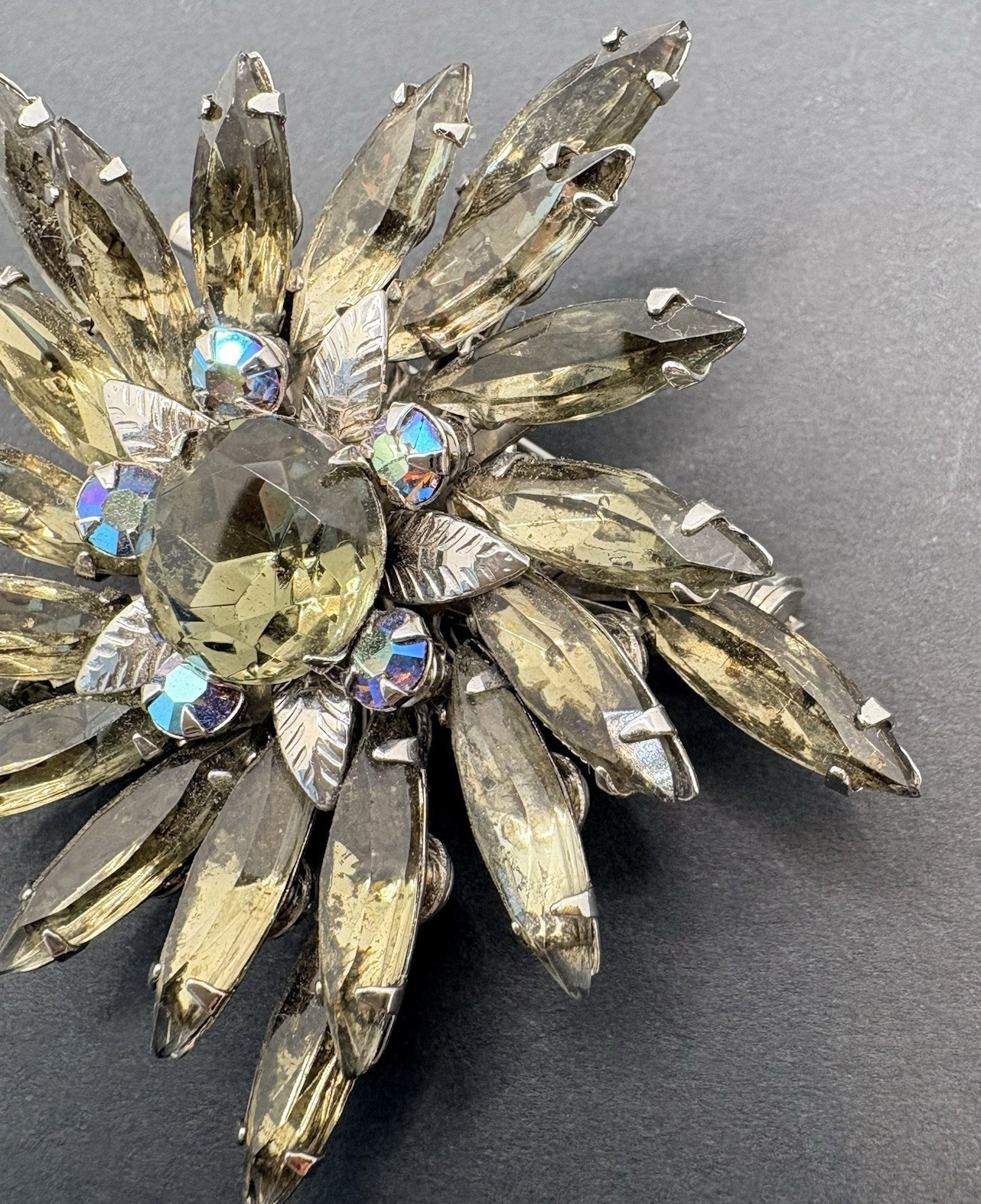 Vintage Smoky Gray Crystal Floral Swirl AB Crystals Brooch Silver Tone Prong Set