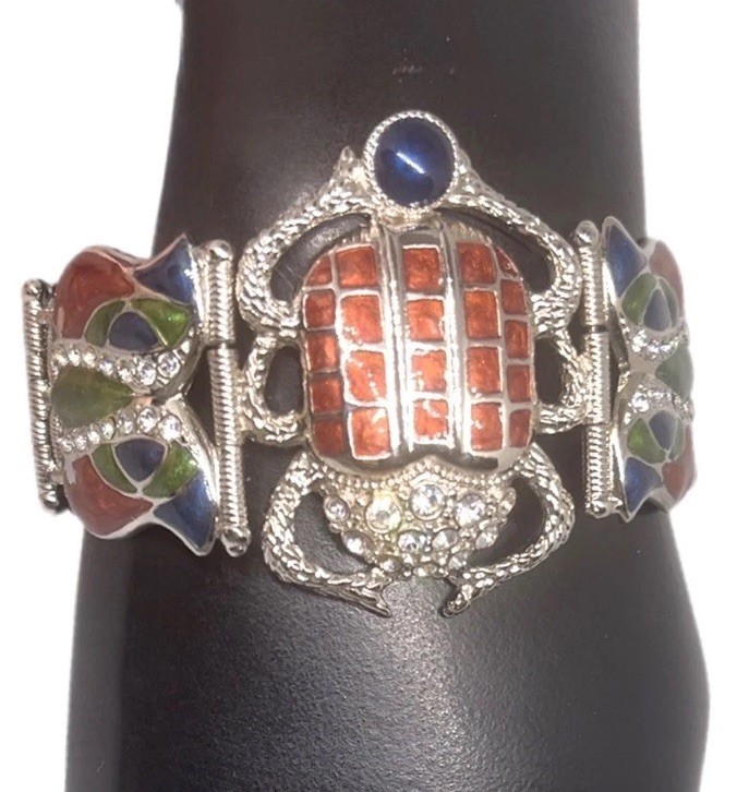 Vintage Signed EDGAR BEREBI Cleopatra Scarab Enamel & Crystal Link Bracelet 7.5”