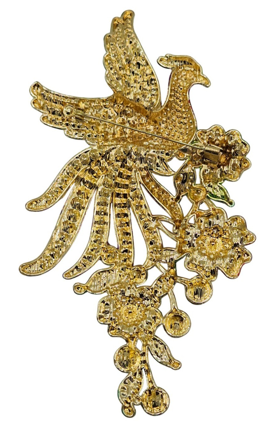Large Peacock Brooch Pin Multi Colored Crystal Rhinestone Beautiful Gold Tone 5″