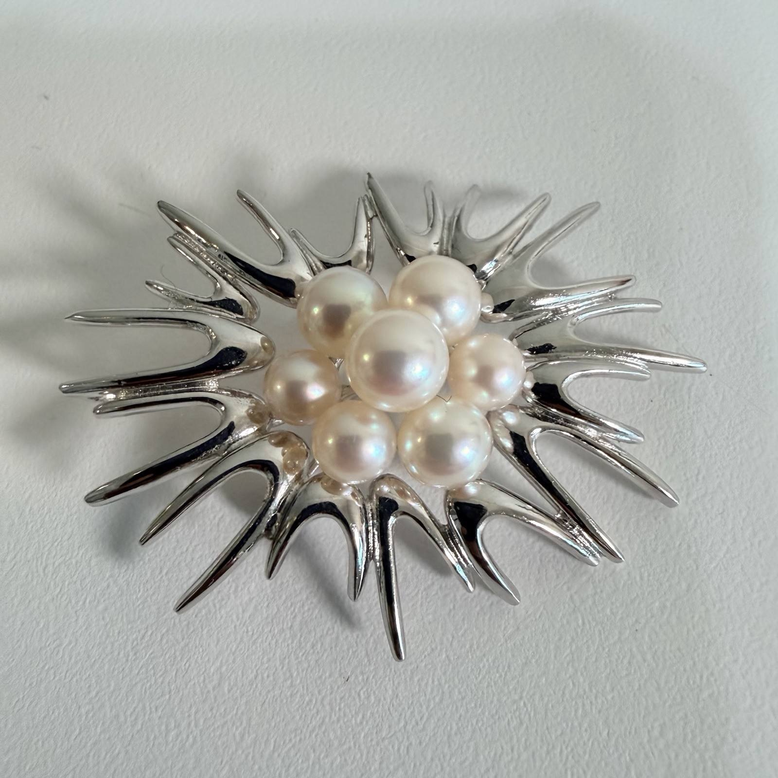 Mikimoto Akoya Starburst / Sea Urchin Pearl & Sterling Silver Vintage Brooch MCM