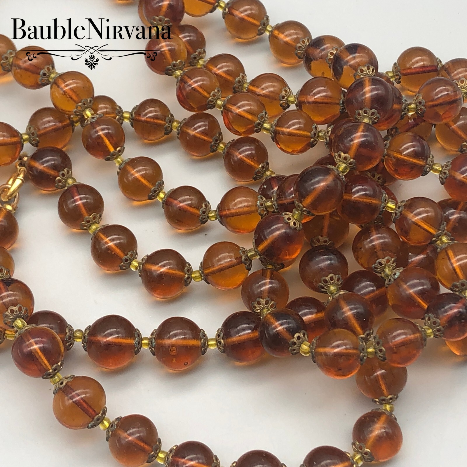 Vintage Dark Golden Amber Brown Glass Cabochon & Brass Long Bead Necklace
