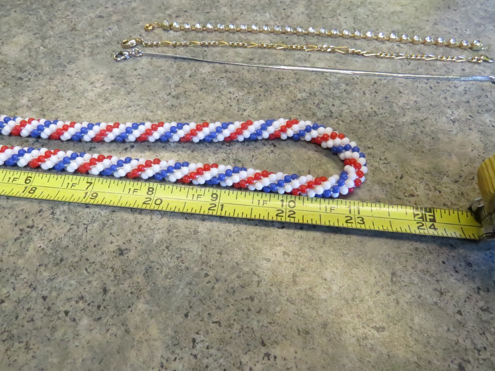 Vintage Patriotic Red White & Blue Glass Bead Necklace Extra Long 46″