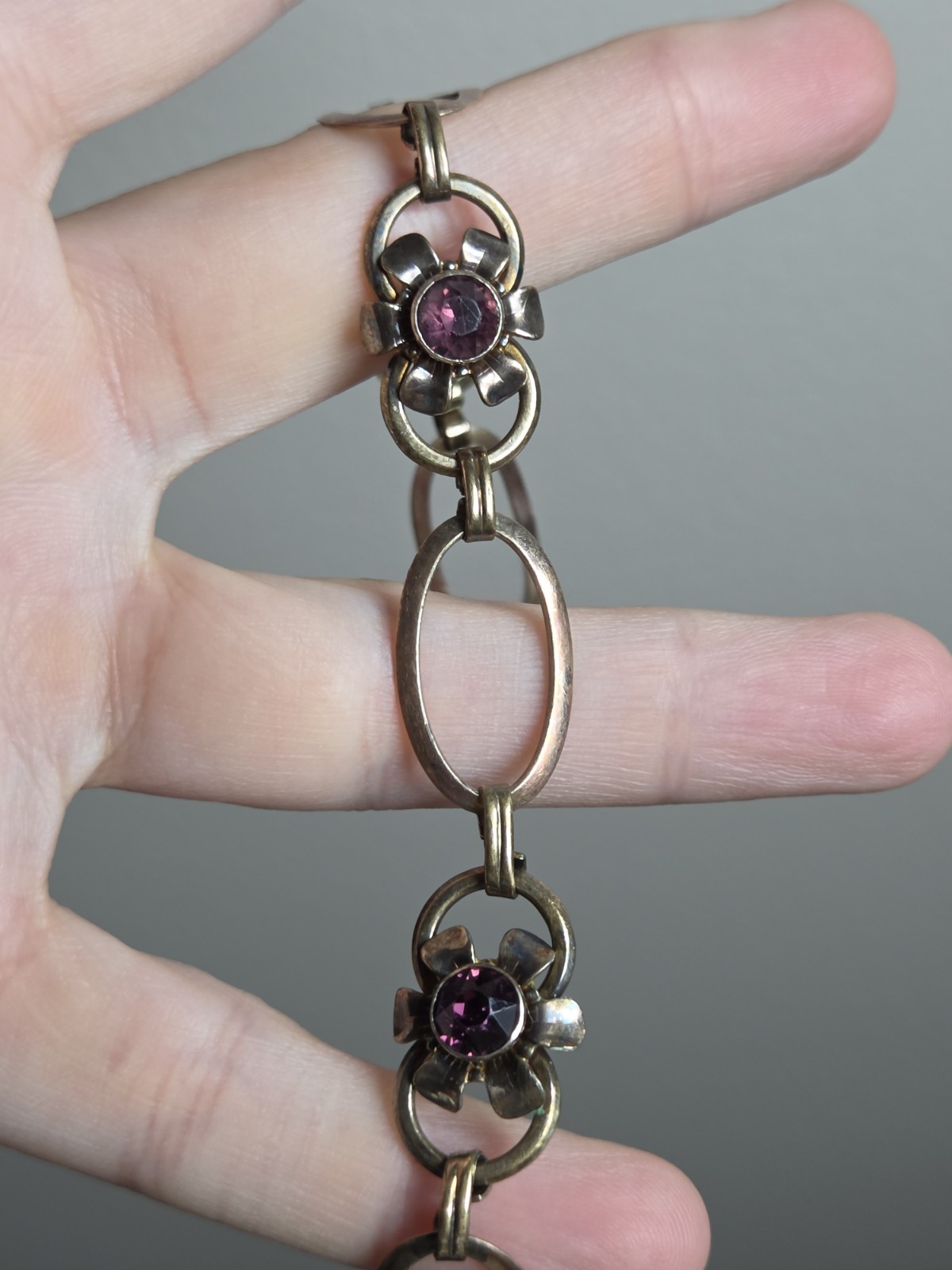 VTG 12k GF on Sterling Link Bracelet Purple Rhinestone Flowers signed Van Dell