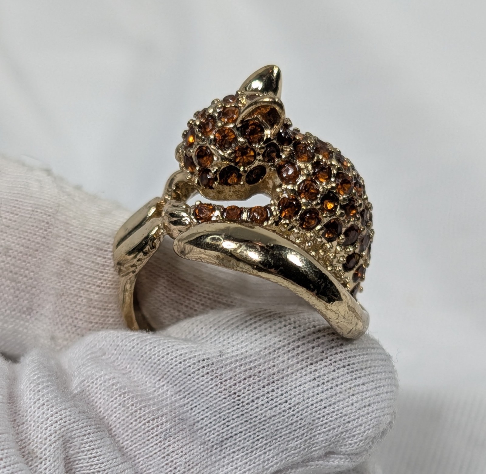 Vintage Pavé Set Amber Rhinestone “Squirrel” Ring Animal Size 8.5 Gold Tone