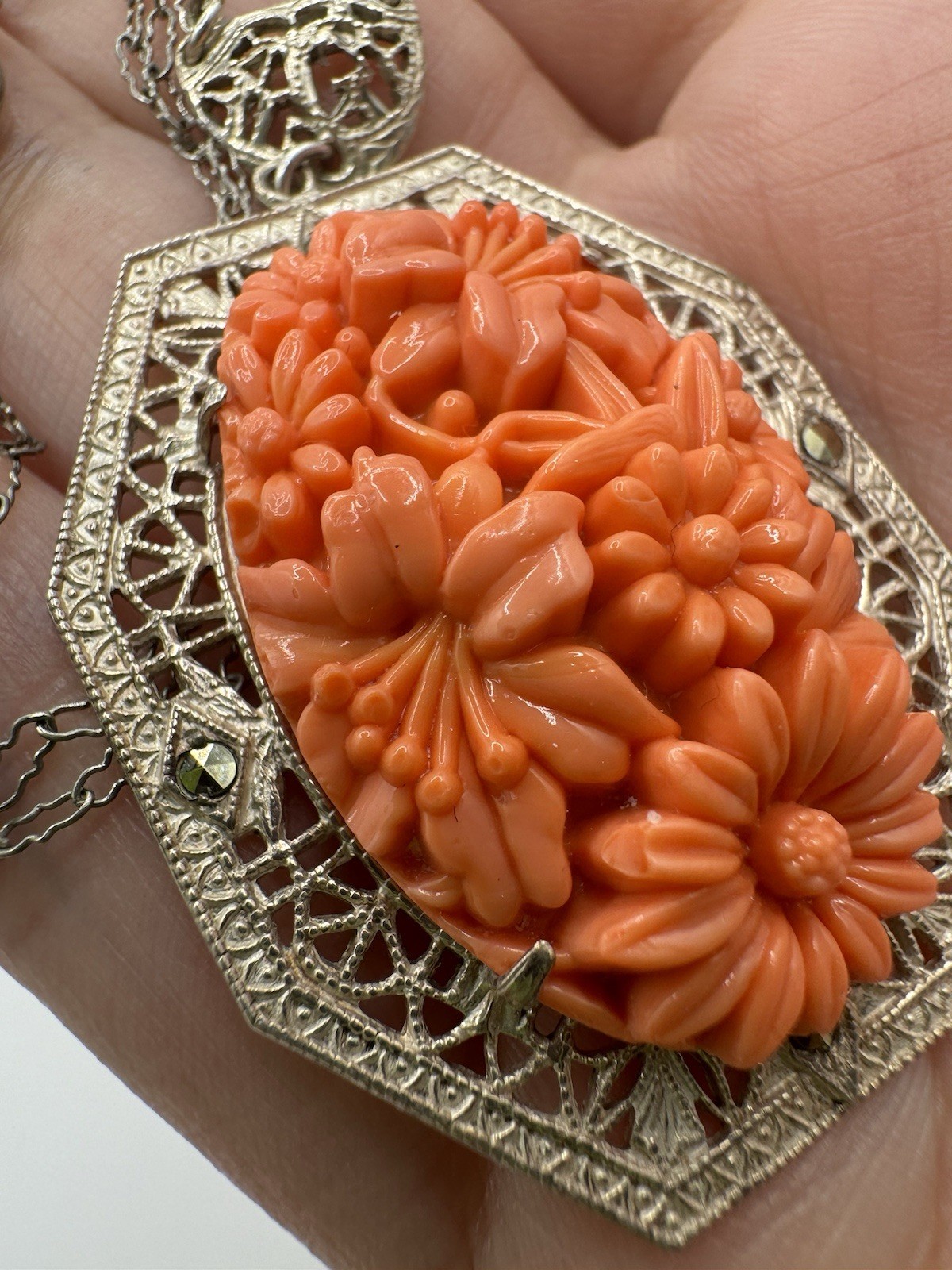 Antiqued ART DECO designed GERMANY faux Coral Carved Filigree Necklace Pendant