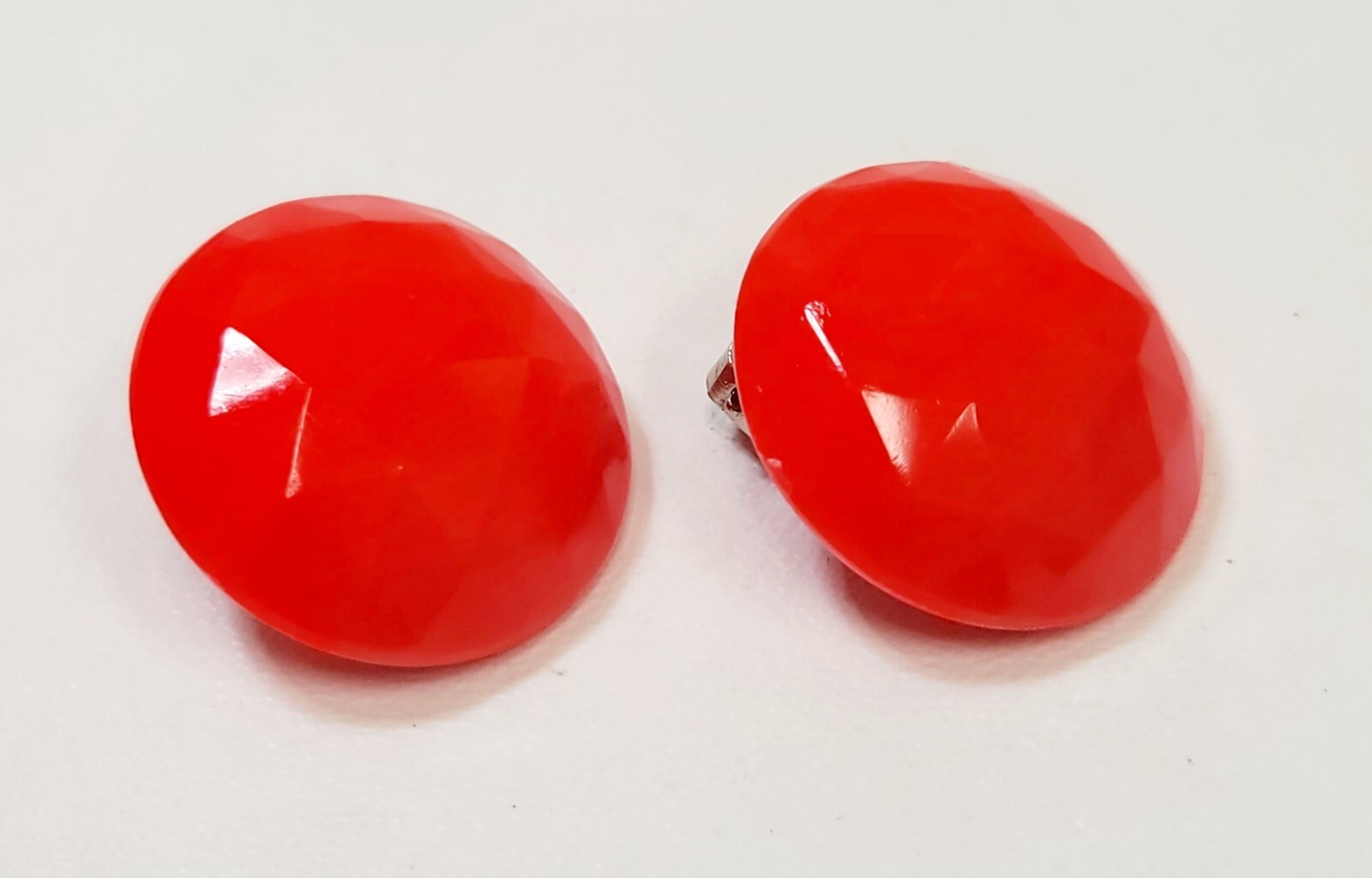 Vintage Orange Faceted Plastic Button Hong Kong Clip Earrings