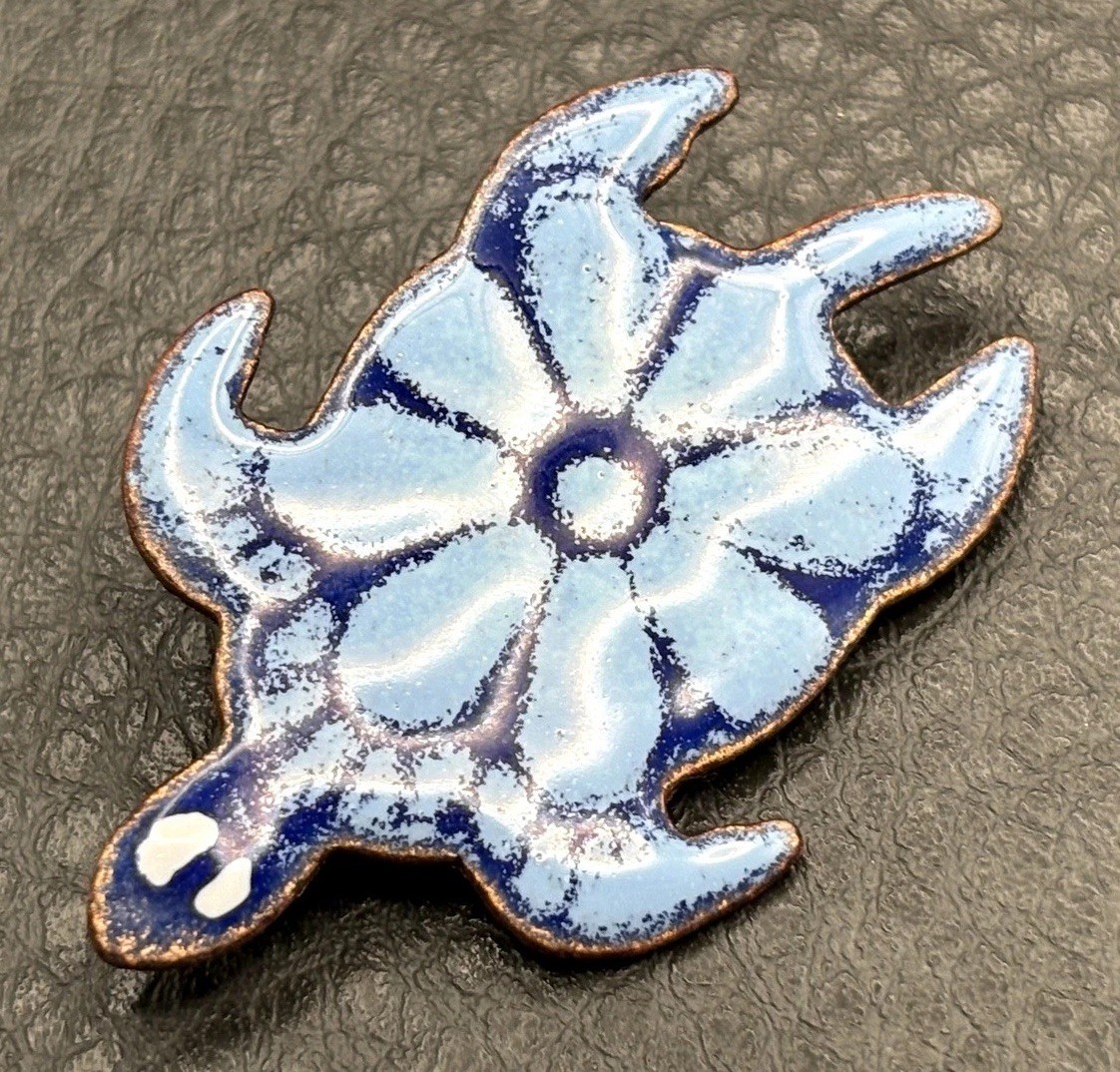 Vintage Copper Abstract Sea Turtle Two Tone Blue Enamel Art Brooch Pin Beach
