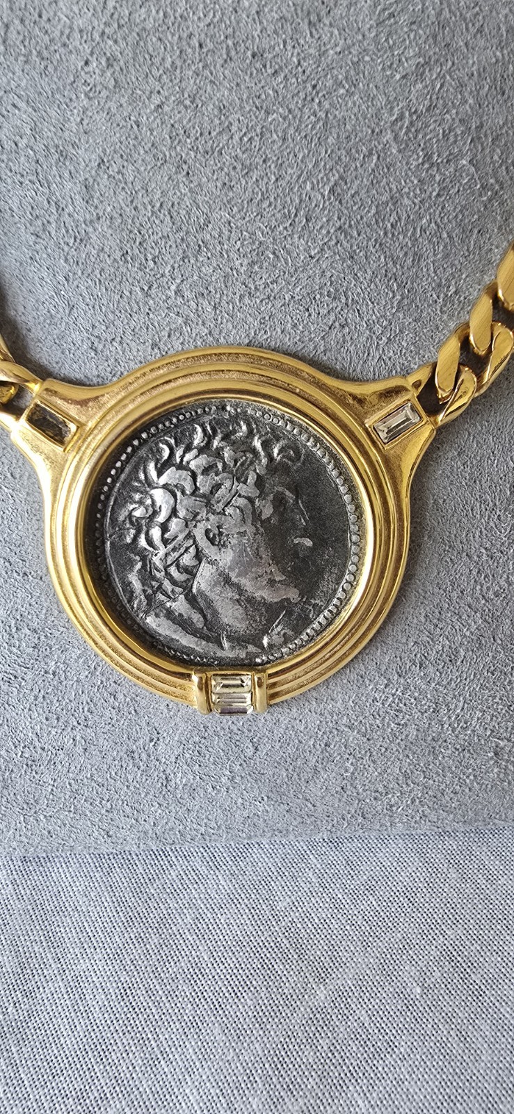 Vintage Replica Roman Coin Bezel Set In Goldtone Rhinestone Accents TAT Necklace