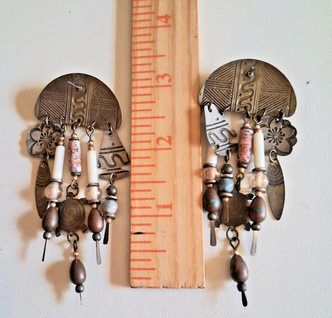Old Hippy Style post earrings! Circa 1980 ! Turtles n Fish spikes Mixed Metals