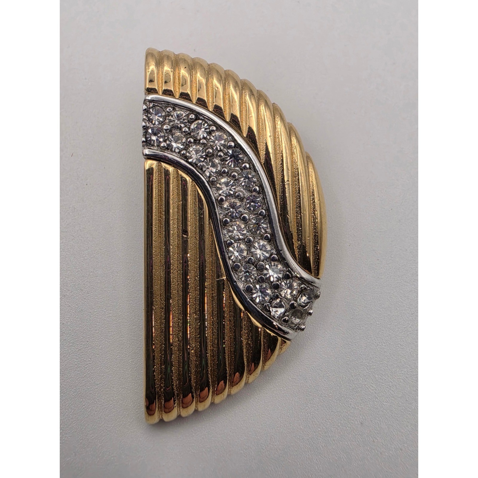 Givenchy Vintage Two Tone Gold Silver Rhinestone Ribbed Fan Clip On Earrings