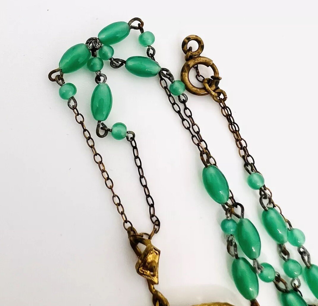 Art Deco Chinese Export Green Peking Glass Beaded Chain Necklace Vintage Jewelry