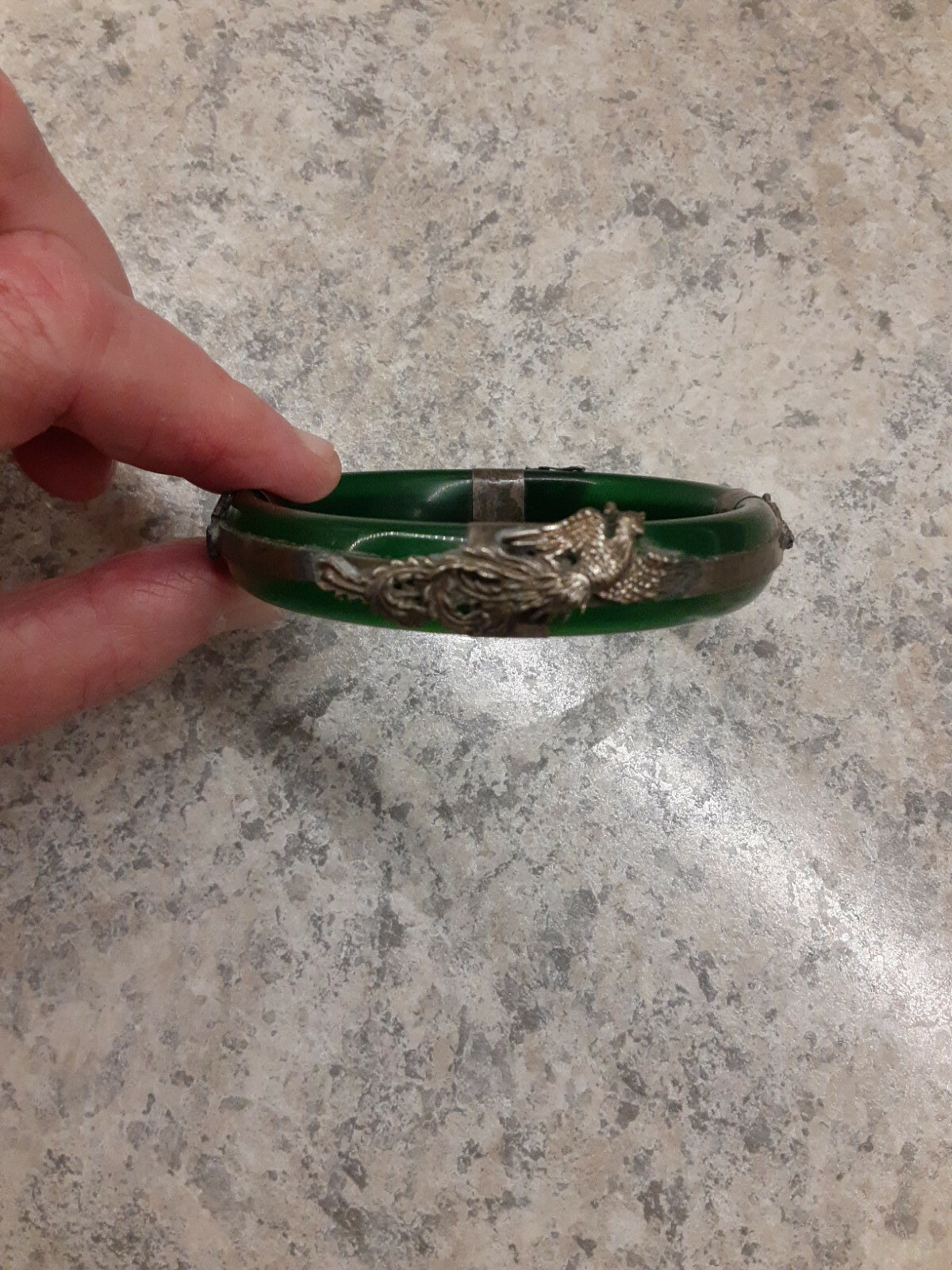 Vintage Green Glass Bangle Bracelet Silvertone Accents-Bearded Dragons Peacock