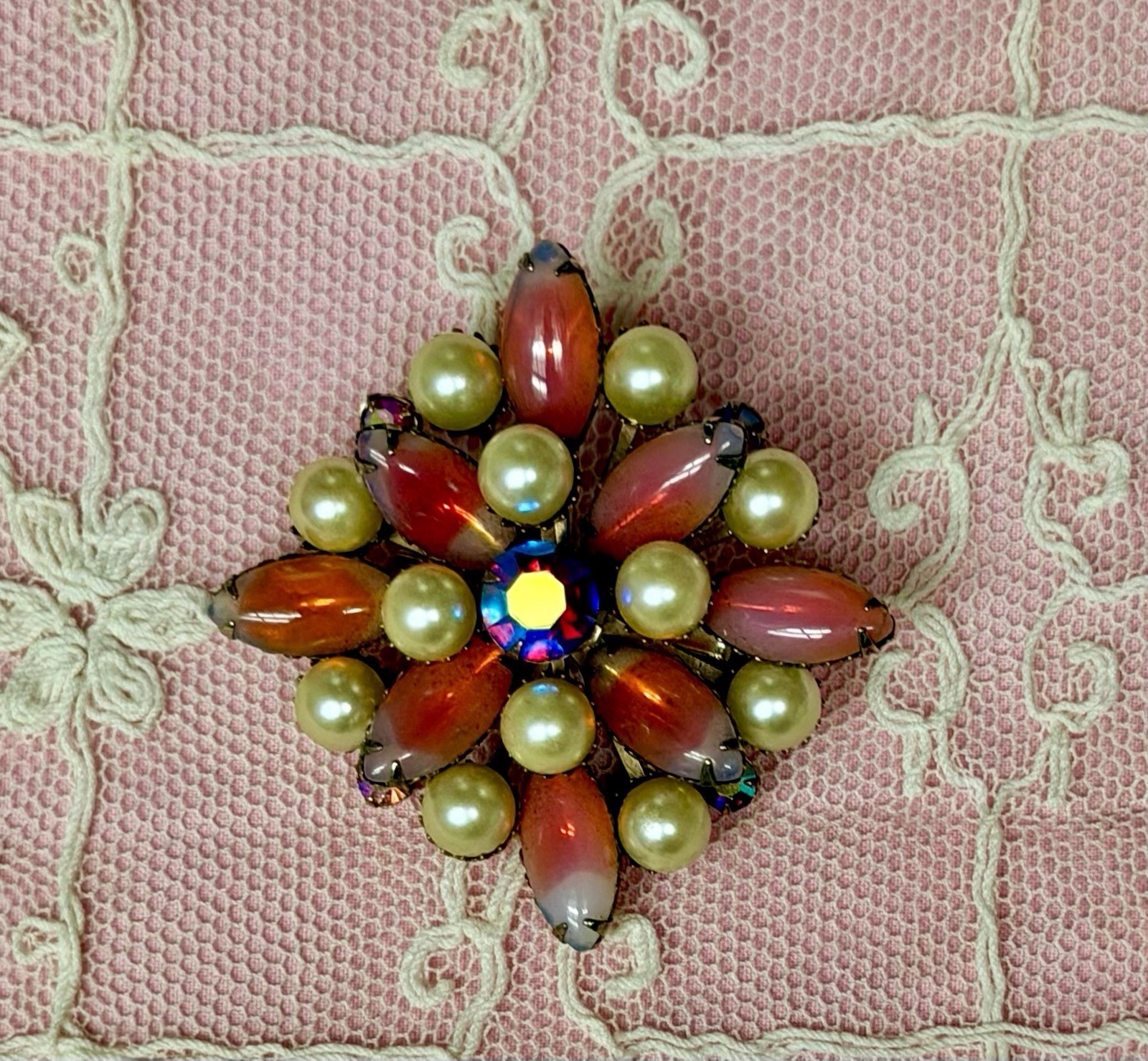 Vintage Opalescent Givre Art Glass AB Rhinestone Pin Brooch￼