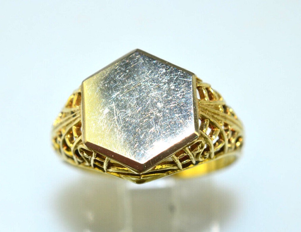 ANTIQUE 14K YELLOW GOLD HEXAGON SIGNET RING OPENWORK SIDES SIZE 5.5 NO MONOGRAM