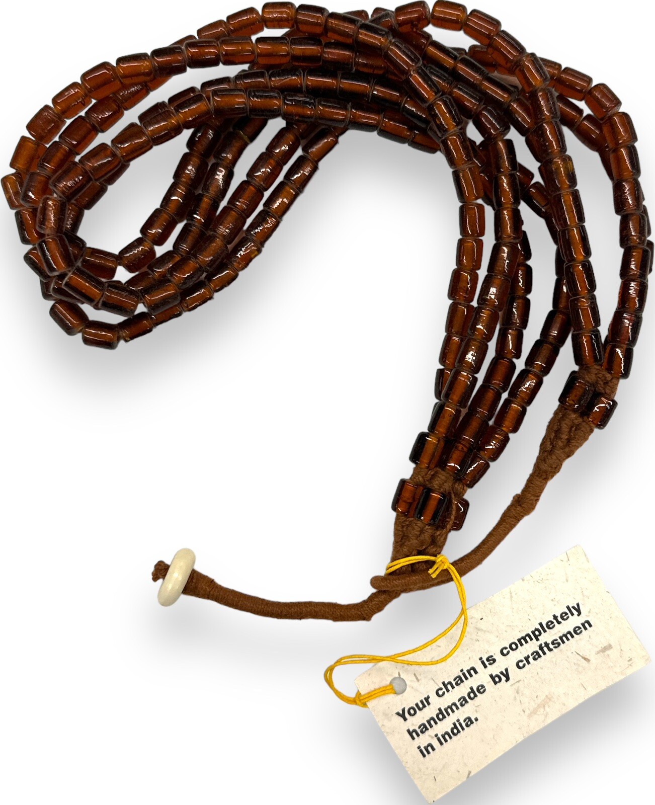 Vintage India Glass Handmade 4 Strand Brown Tube Beads Necklace 25″ Loop Clasp