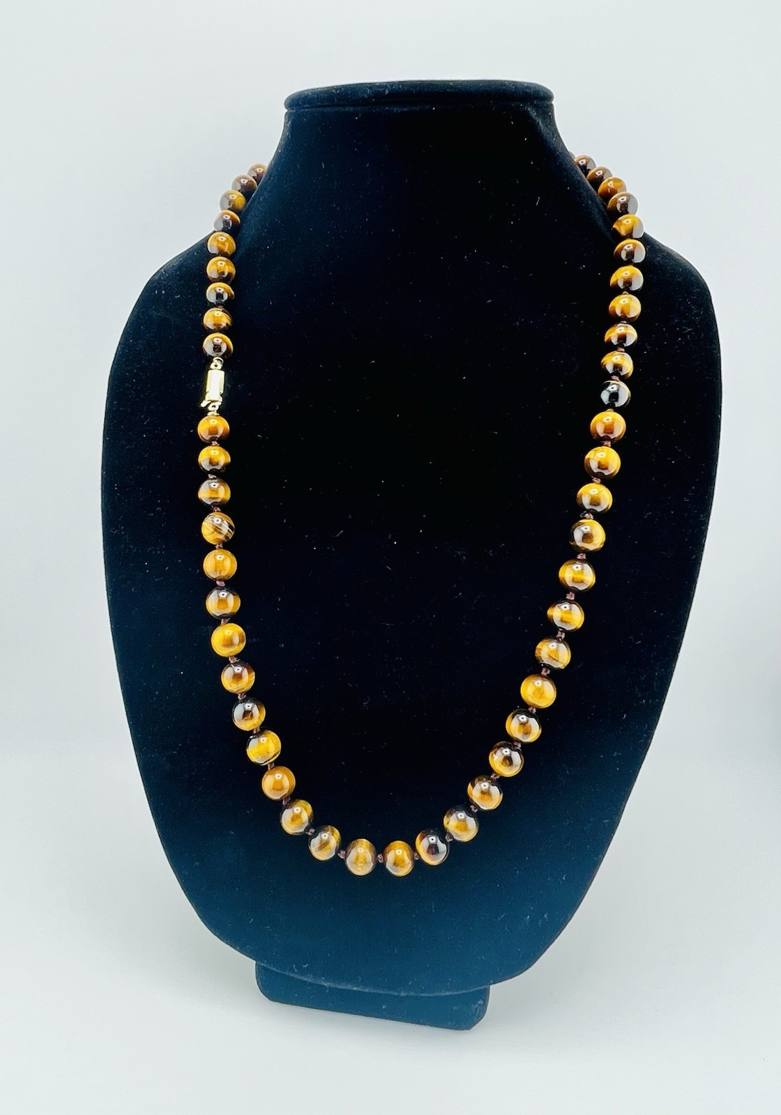 VTG Estate Tiger’s Eye Hand-Knotted Necklace Gemstone Beads Barrel Hook Clasp