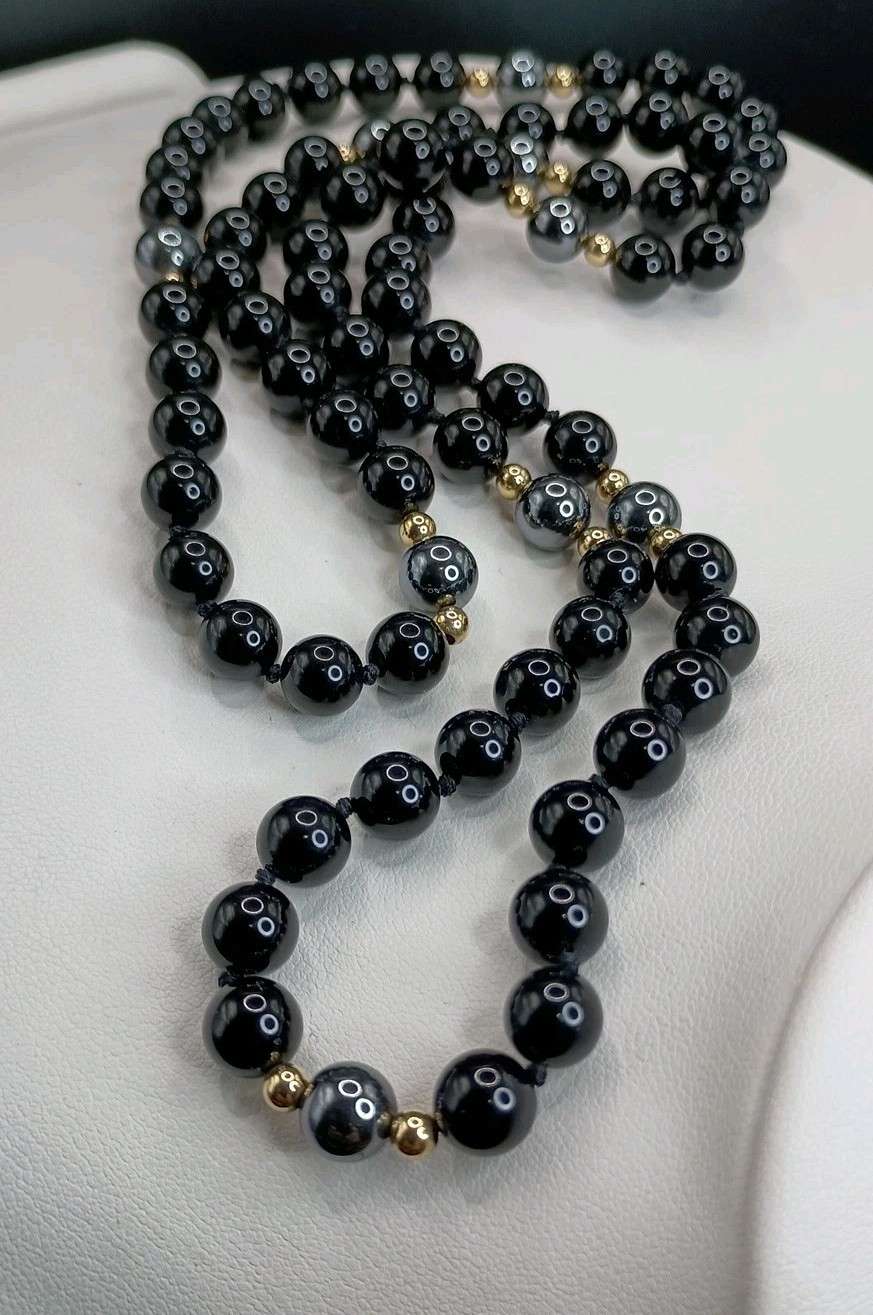 Black Onyx & Hematite Beaded Necklace Polished Gemstone 30″ Gold Tone Accents