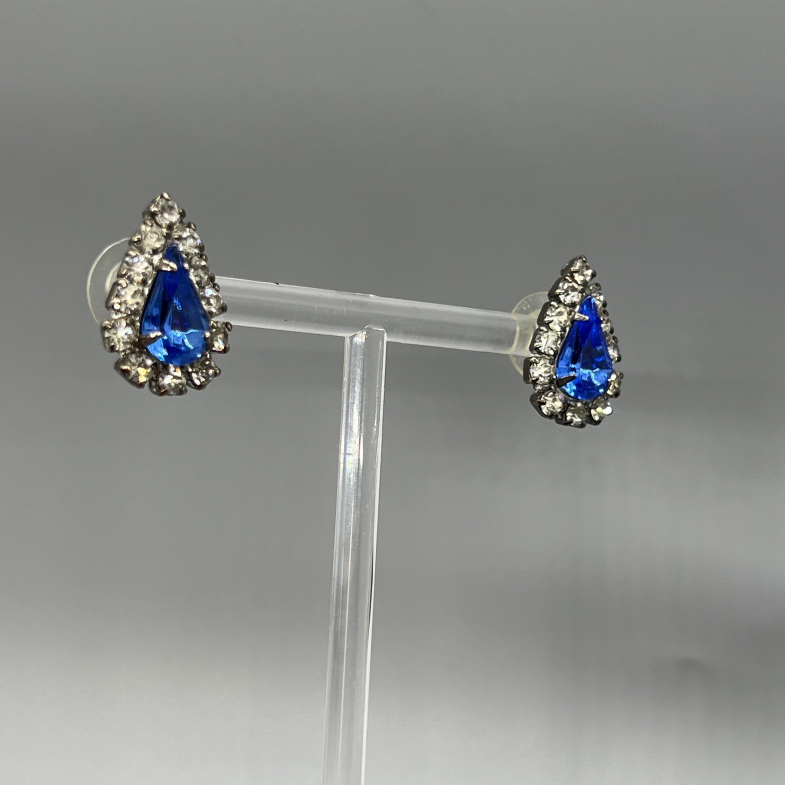Vintage Teardrop Rhinestone Earrings Blue & Clear Crystal Accent Post Pierced El