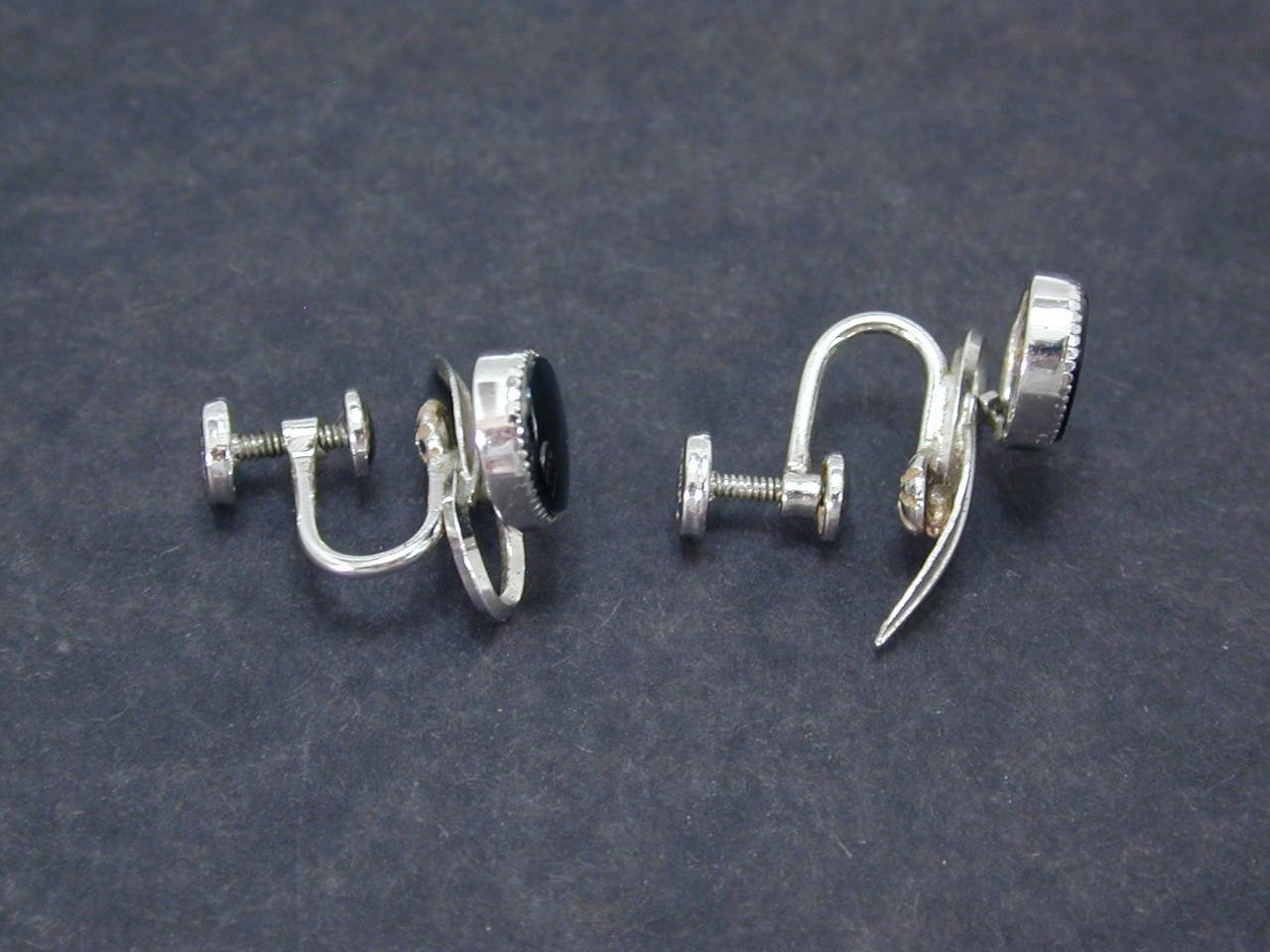 Vintage Star-ART Sterling Black Onyx Leaf Screw Back Earrings Silver 925 50’s-60