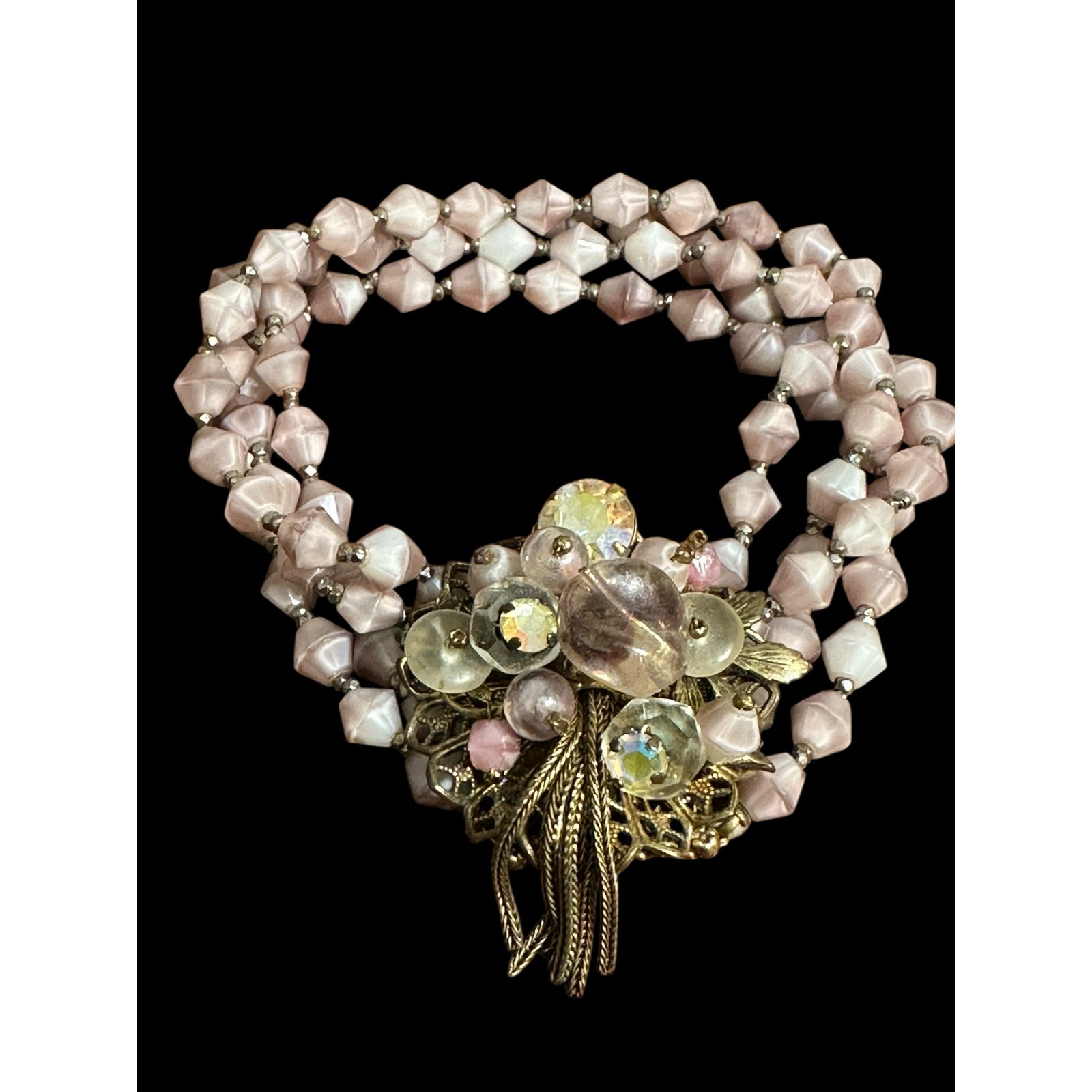 Vintage Pink Opaline Glass Multi Strand Bracelet AB Rhinestone Floral Tassel
