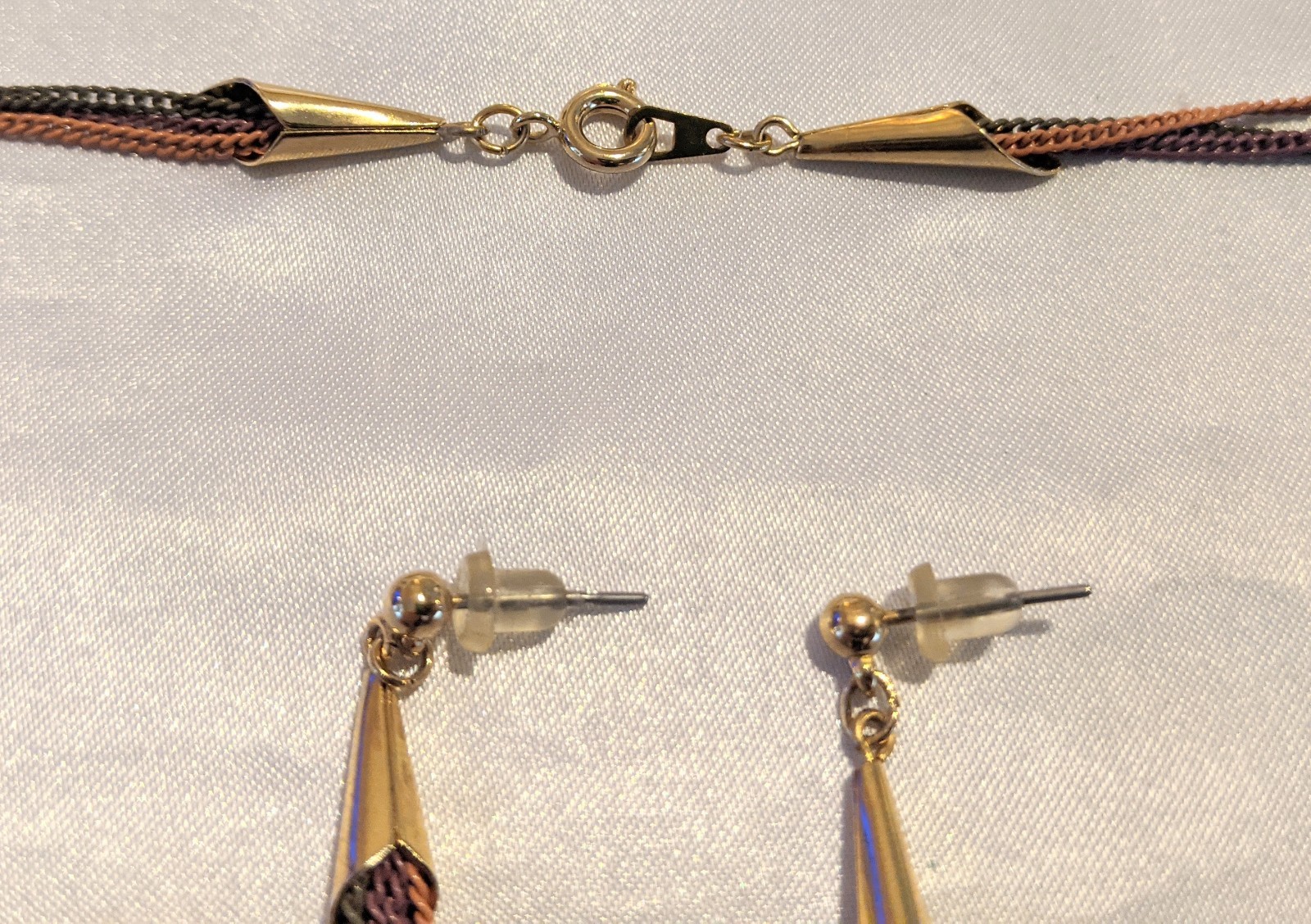 VTG Tri-tone Chain Necklace & Dangle Earrings Set NOS Terracotta Purple Dk Gray