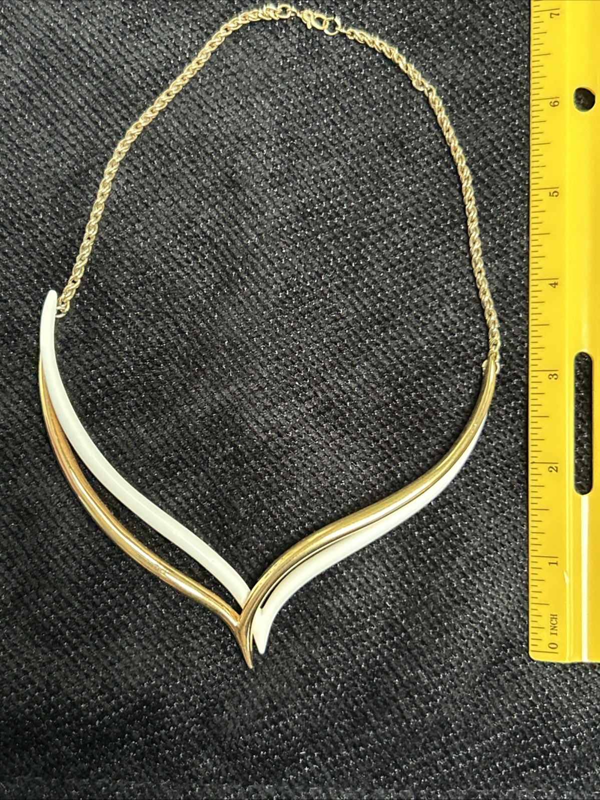 Vintage Monet Double V Neck Swirl Choker Necklace Two Tone Gold Off White Signed