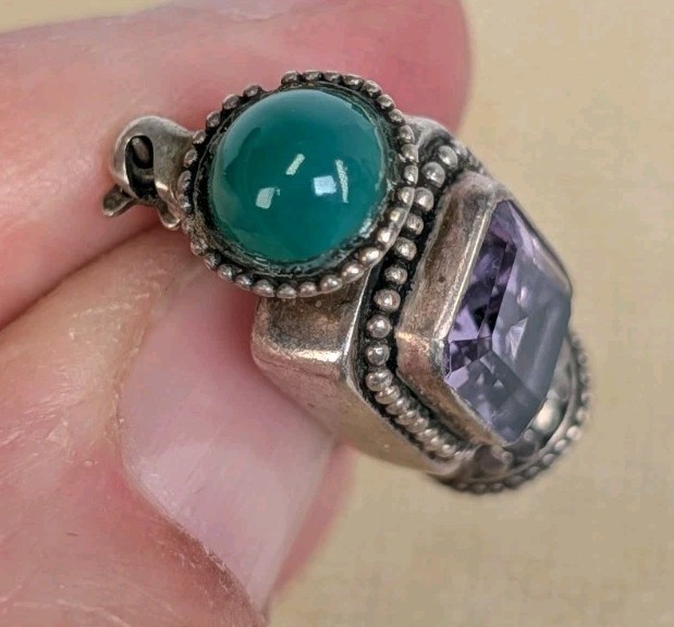 Vintage Sterling Silver 925 Green Bloodstone Amethyst Tibetan Brooch / Pin