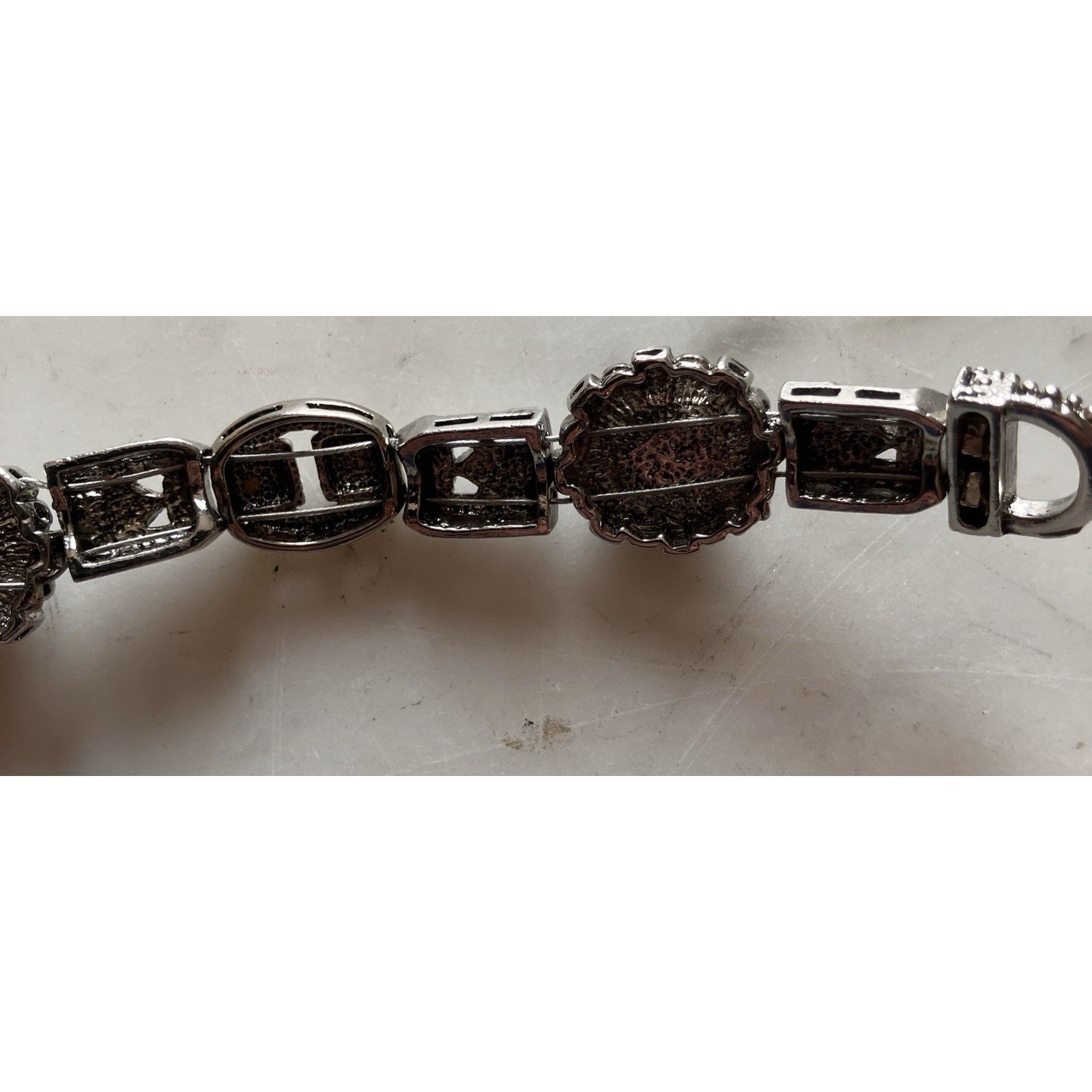 Vintage Silvertone Marcasite Black Stone 7.5″ Bracelet Sparkle EUC