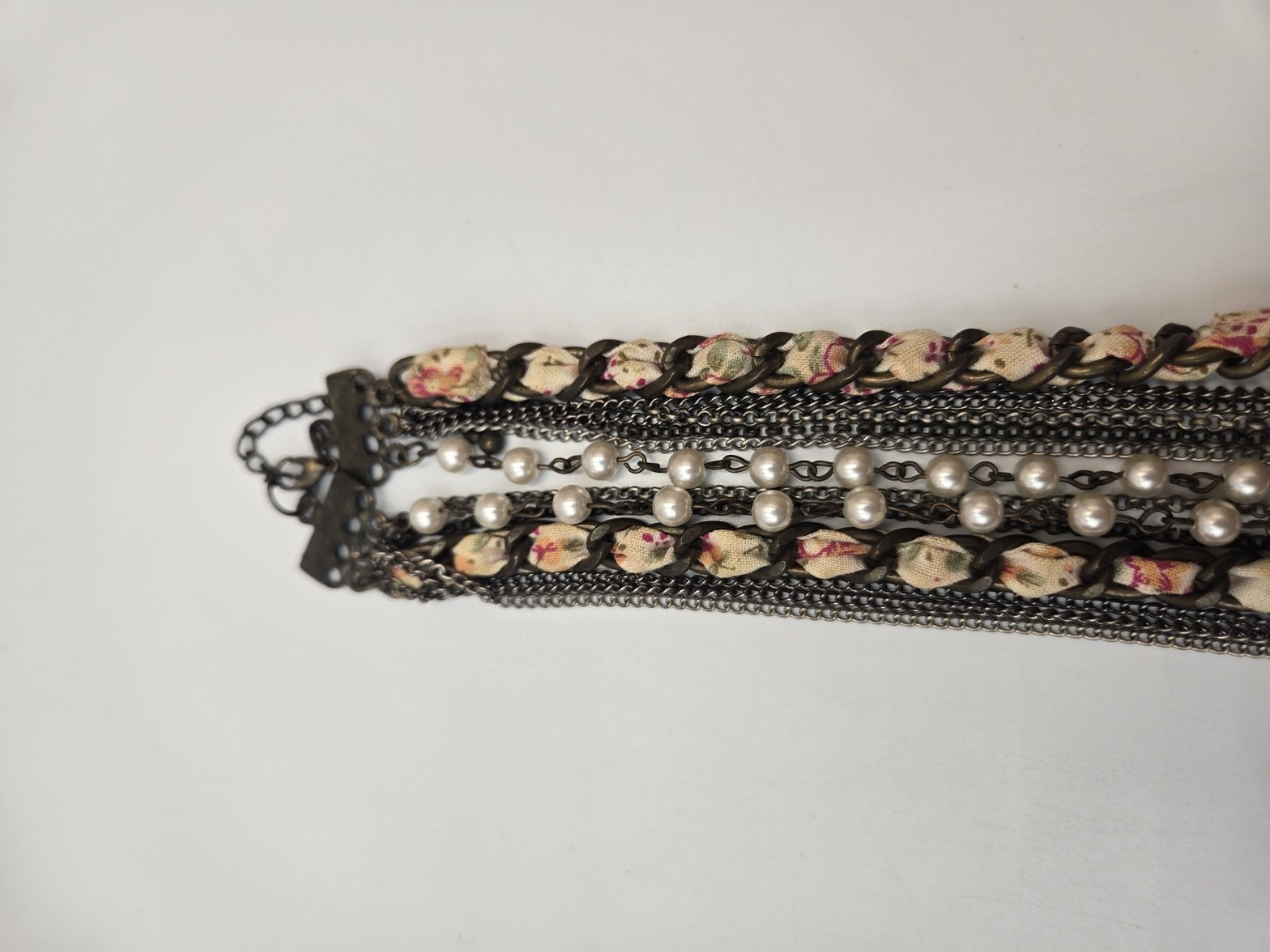 Multi-Strand vtg Bronze color Floral Fabric Pearl Chain Statement Necklace Boho