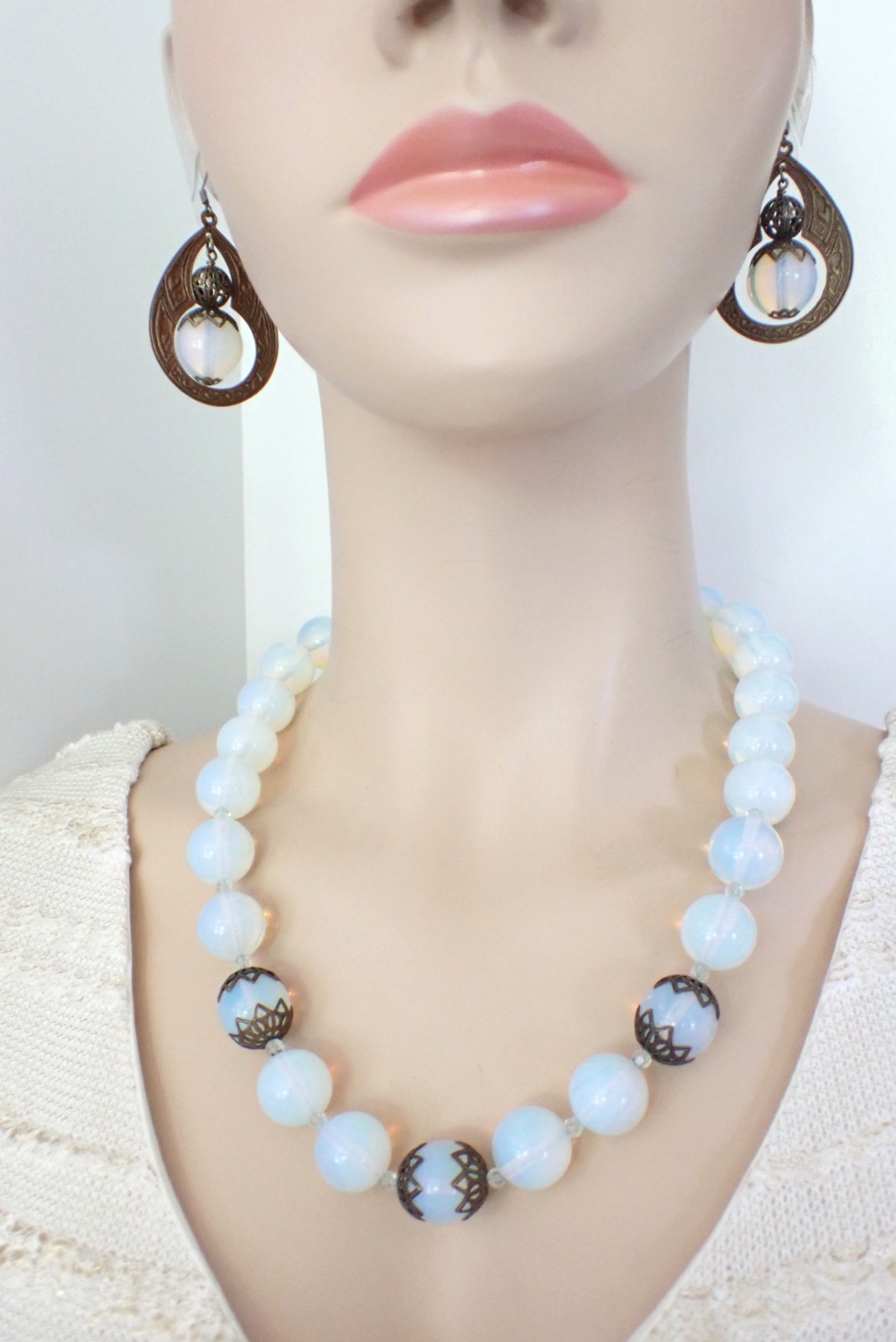 Vintage Light Blue Opaline Glass Bead Necklace Earrings Set Bohemian Deco Style