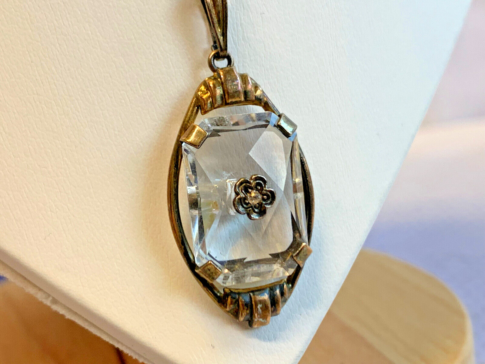 Vtg Gold Filled Necklace 18″ Jewelry Cable Chain Clear Stone Pendant