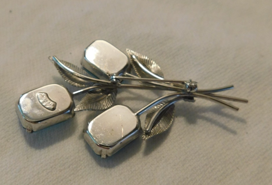 Sterling Silver Blue Crystal Rhinestone Flower Brooch and Earrings Vintage Set