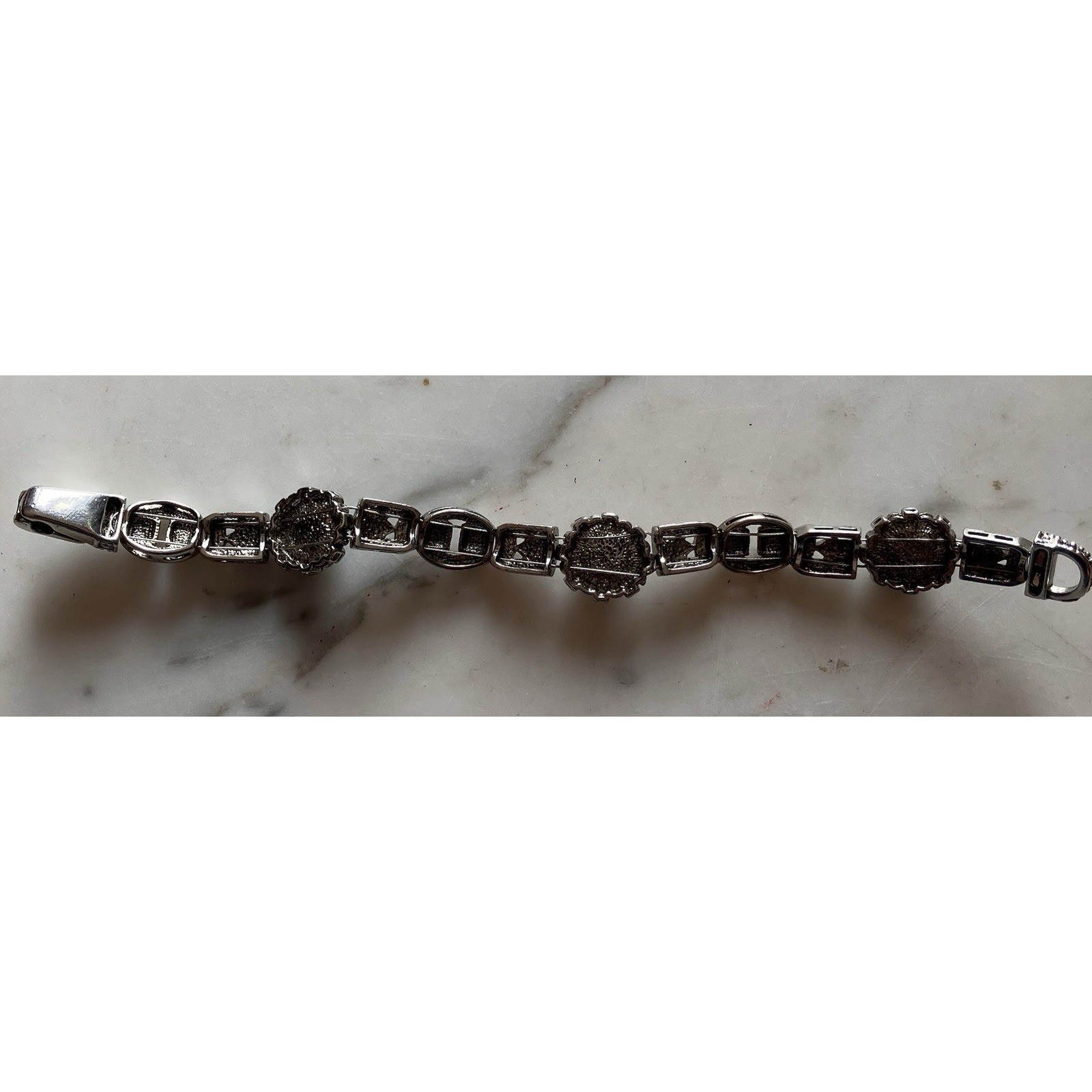 Vintage Silvertone Marcasite Black Stone 7.5″ Bracelet Sparkle EUC