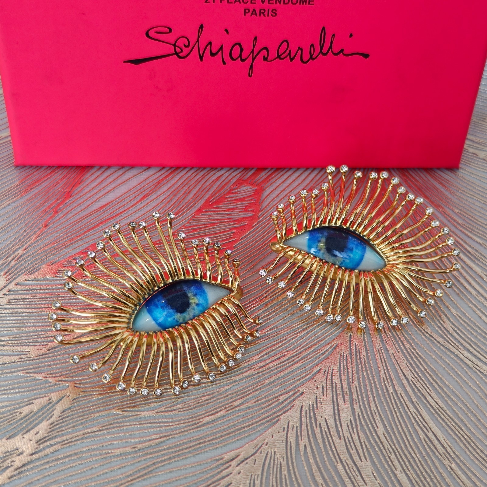 Schiaparelli Blue Eye Shape Luxurious Texture Golden Earrings WITH BOX