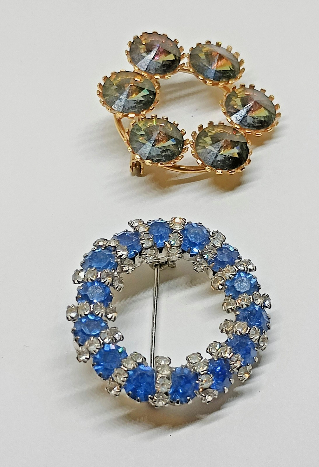 Vintage Lot 4 Brooches Pins Sterling Silver Blue Rhinestones Rivoli Crystals