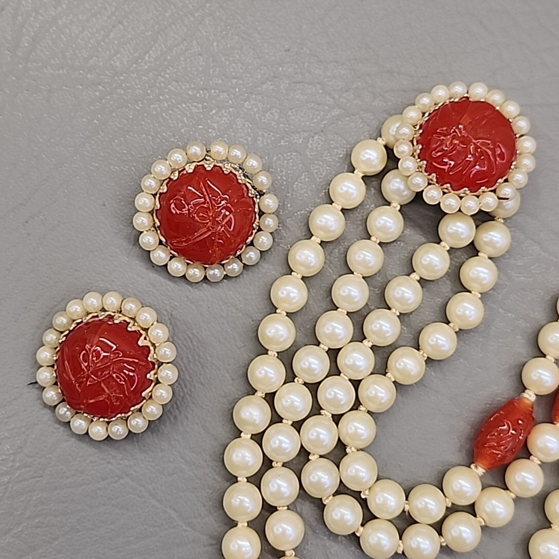 Vtg Bead Necklace Earrings Faux Pearls Layered Peach Art Glass Hong Kong 31″