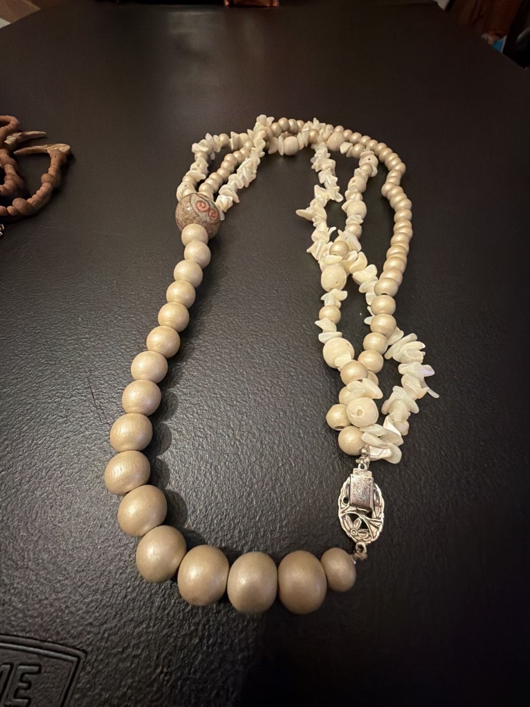Vintage Multi-Strand Statement Necklace with Shell Chips and Carved Wood Beads