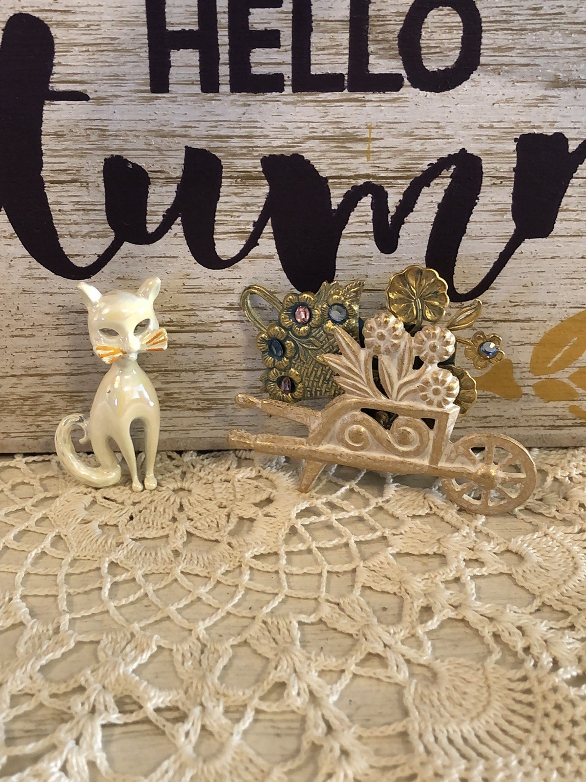 Two Vintage Brooches Flower Wheelbarrow & Iridescent White Cat Beautiful Pins