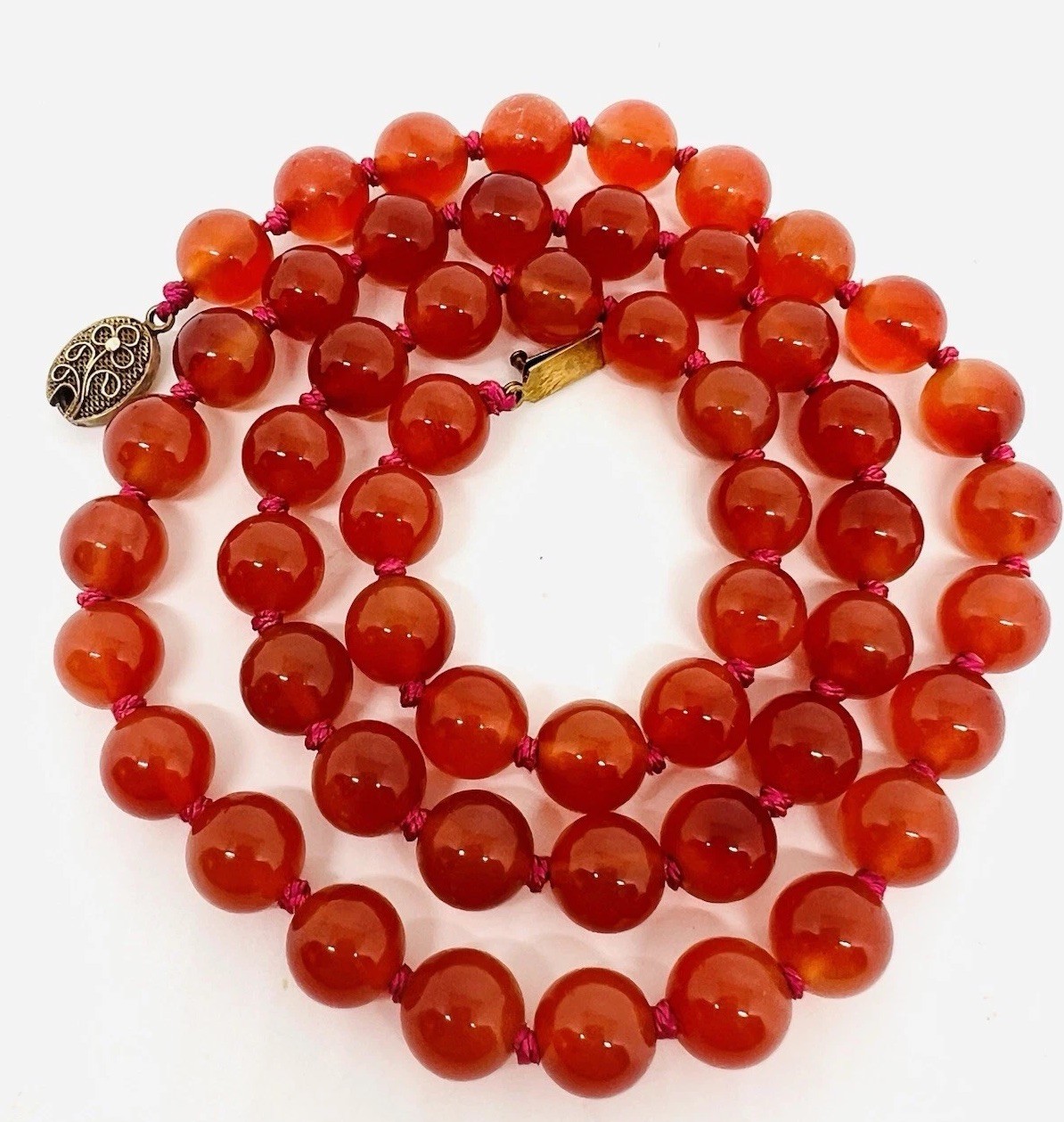 Chinese Export Sterling Silver Carnelian Beaded Necklace 25in Vintage Jewelry
