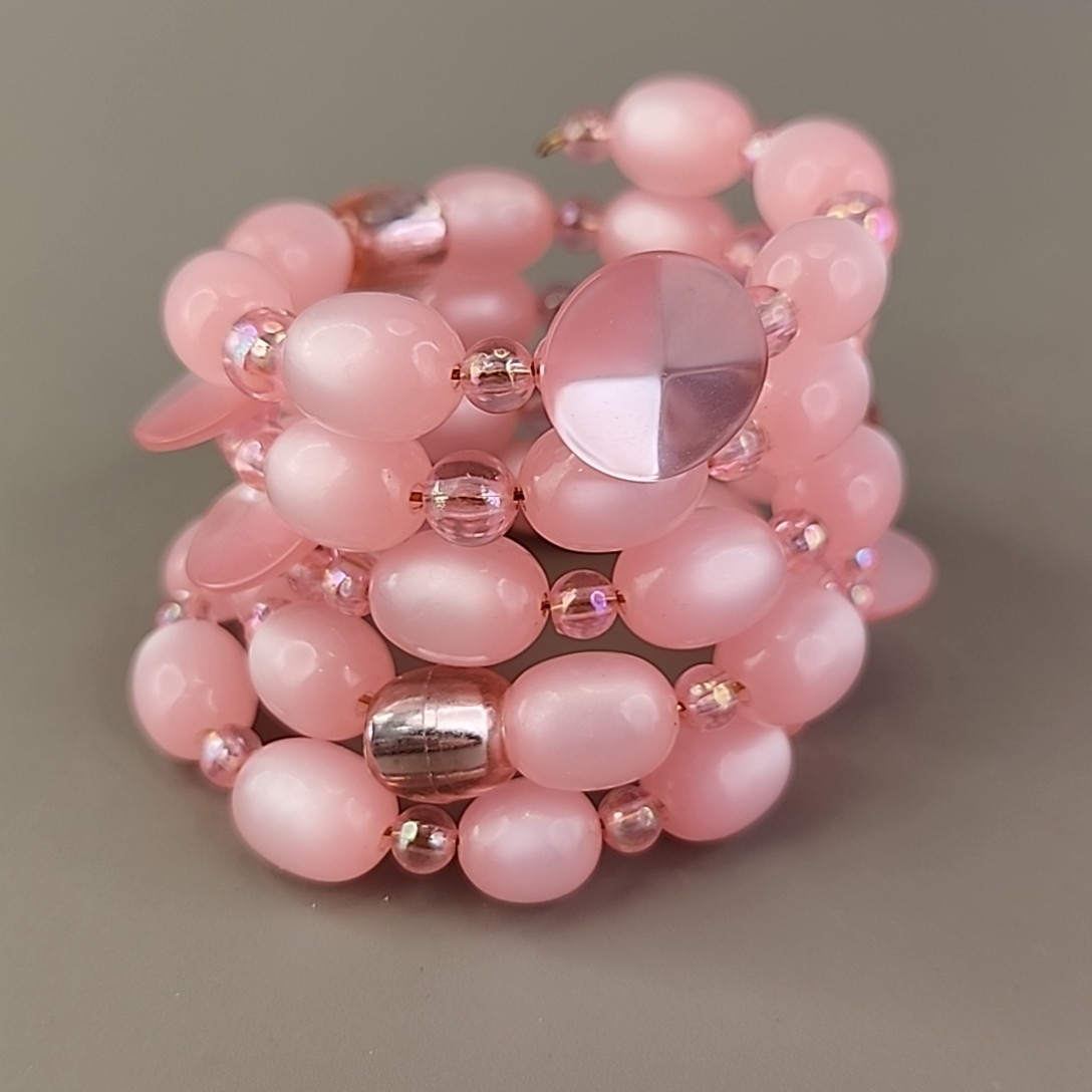 Vintage Moonglow Wrap Beaded Bracelet Pink Oval Memory Wire Acrylic