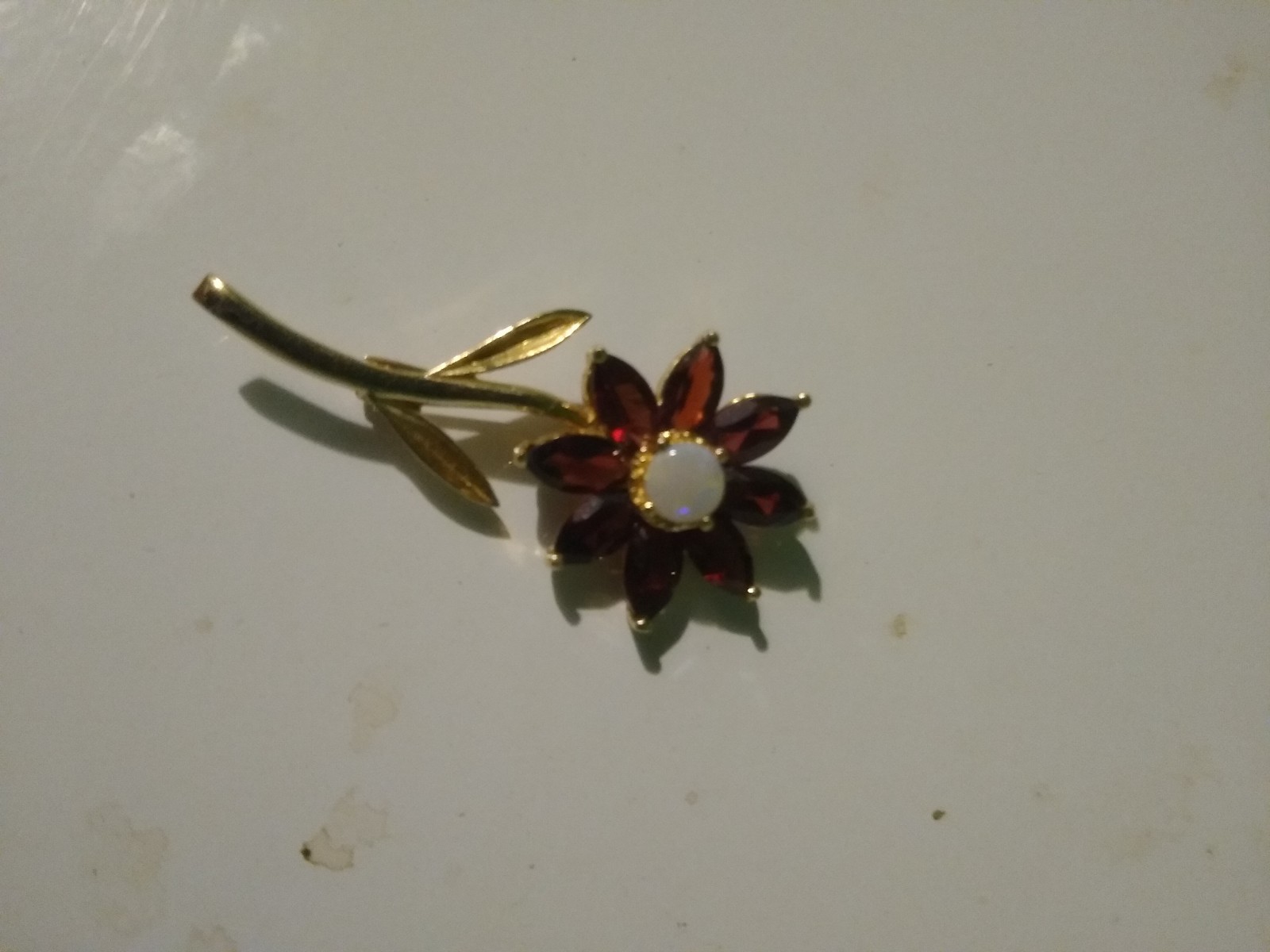 OPAL AND GARNET 14K YELLOW GOLD FLOWER PIN BROOCH