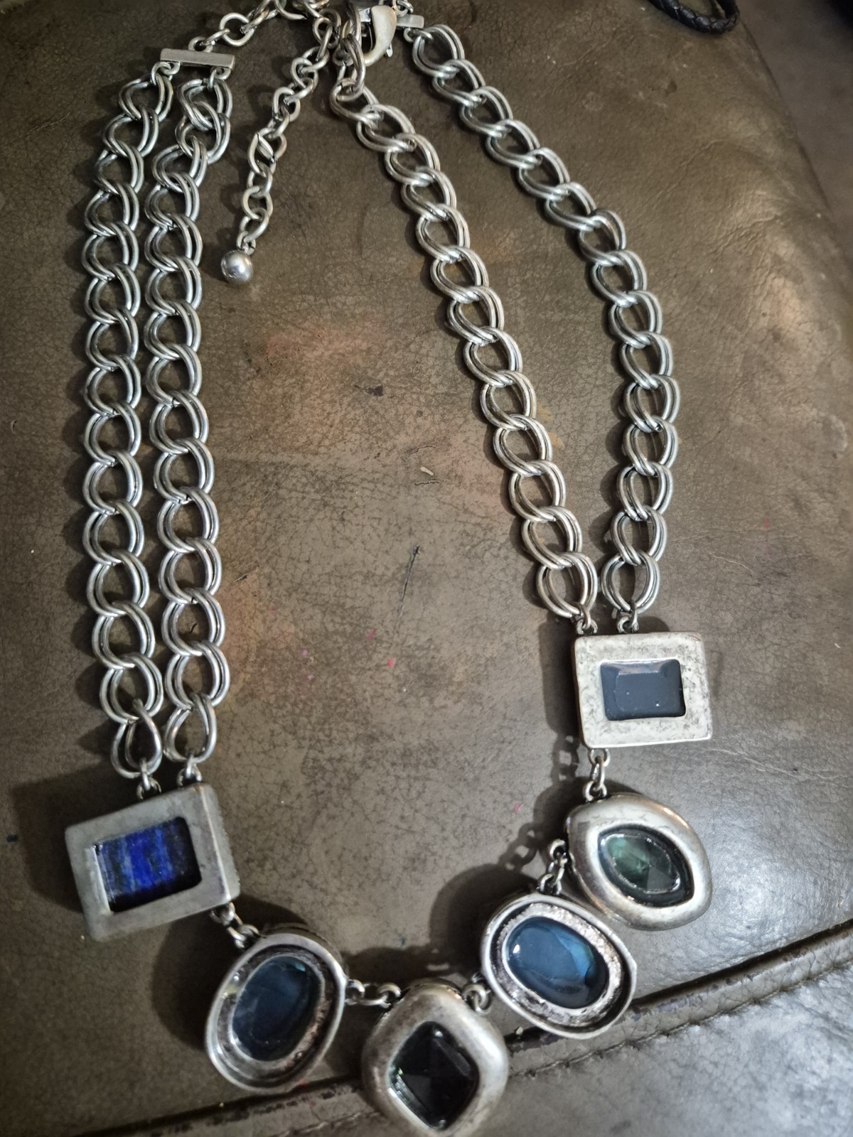 Chico’s Signed Blue Statement Necklace Chunky Silver Multi Strand Vintage 18″-21