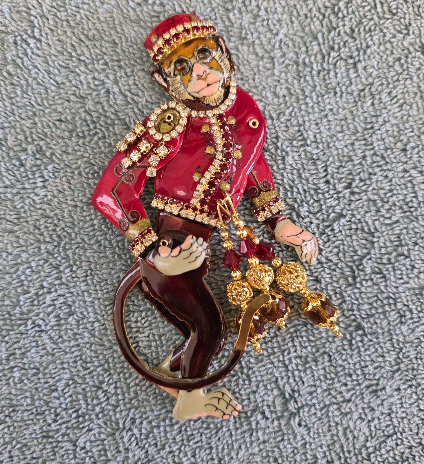 Vintage RARE Lunch At The Ritz Articulating Monkey Grinder Enamel Crystal Brooch