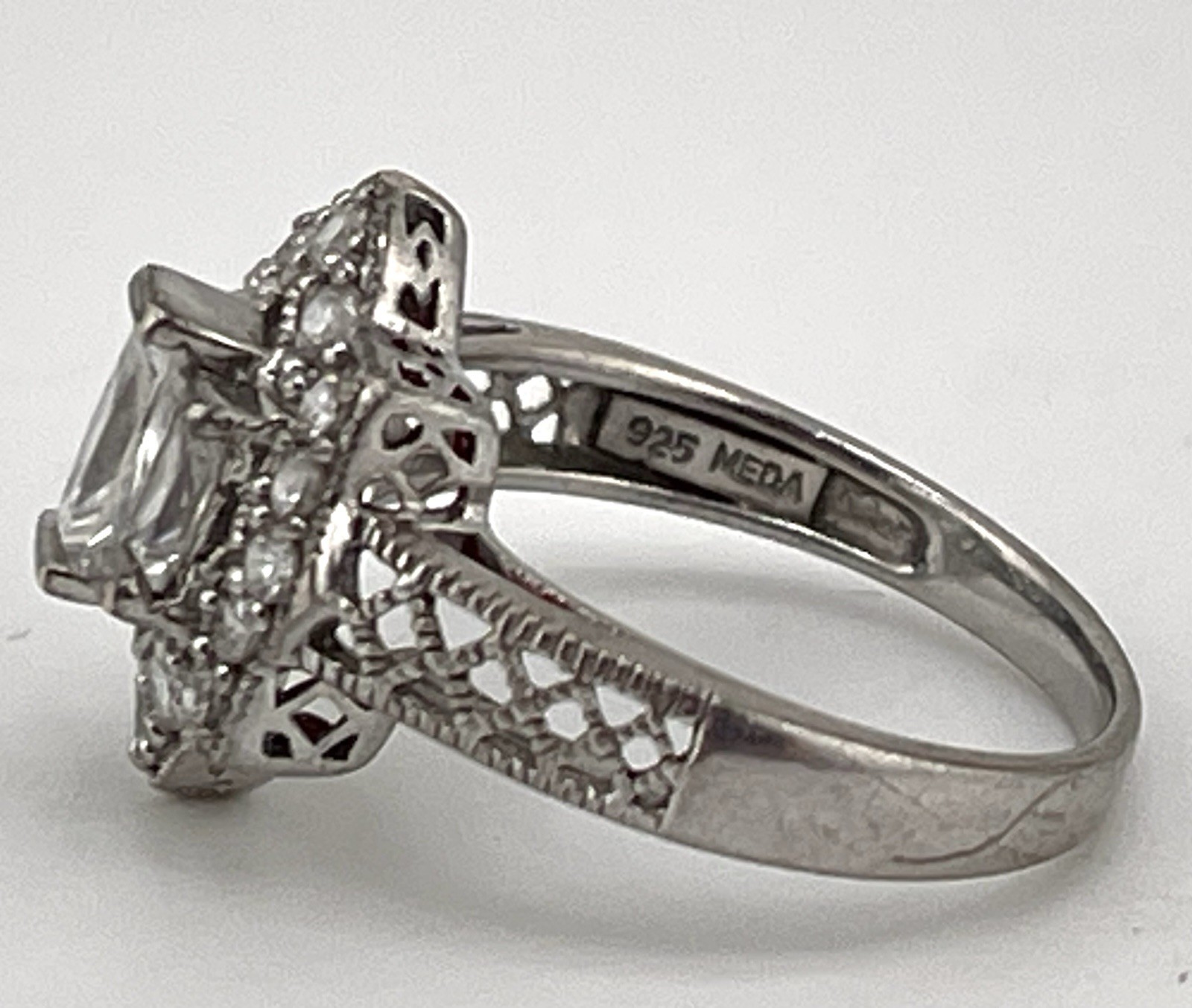 MEDA Sterling COCKTAIL RING w/Baguette & Other CZ In Filigree Setting Size 7.5