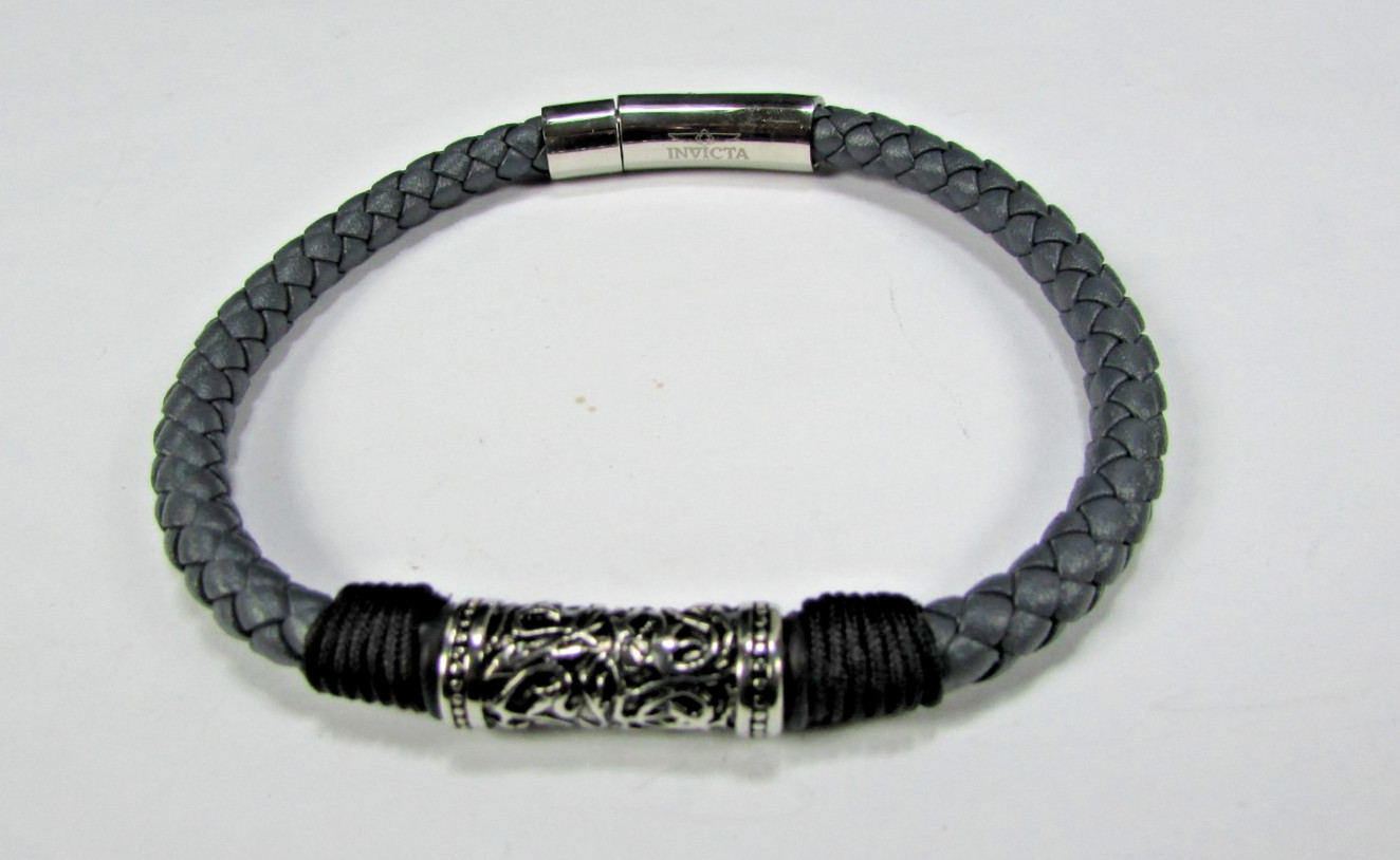 Invicta Jewelry Men’s Stainless Steel Braided Gray Leather Bracelet Large