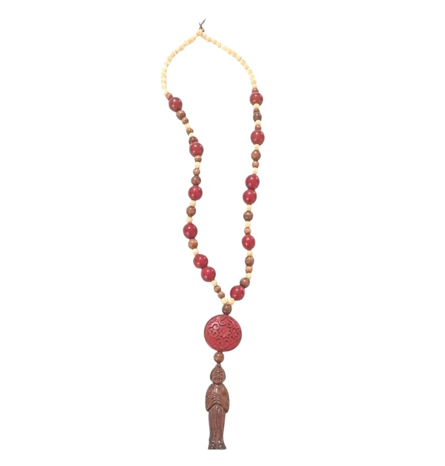 Vintage Rosewood Beads With Japanese Natsuke Figurine Necklace