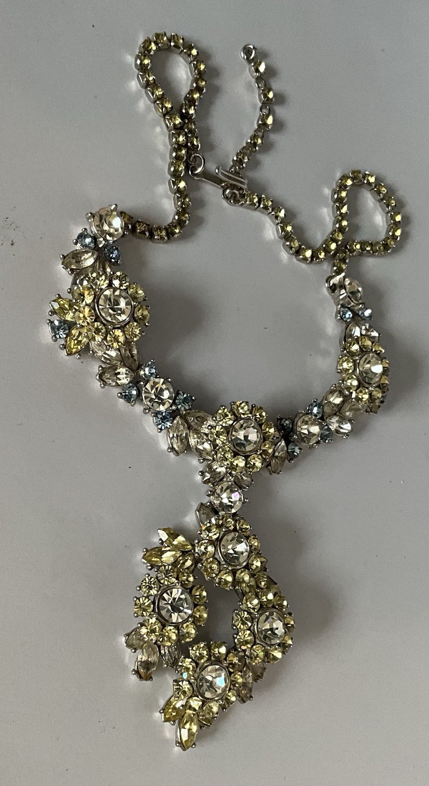 Vintage Signed Trifari Necklace Yellow Blue Clear Gray Rhinestones Flower Drop