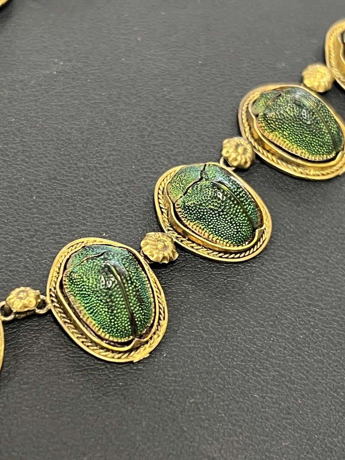 VICTORIAN EGYPTIAN REVIVAL SCARAB BEETLE NECKLACE – GILDED SILVER – 22″ L