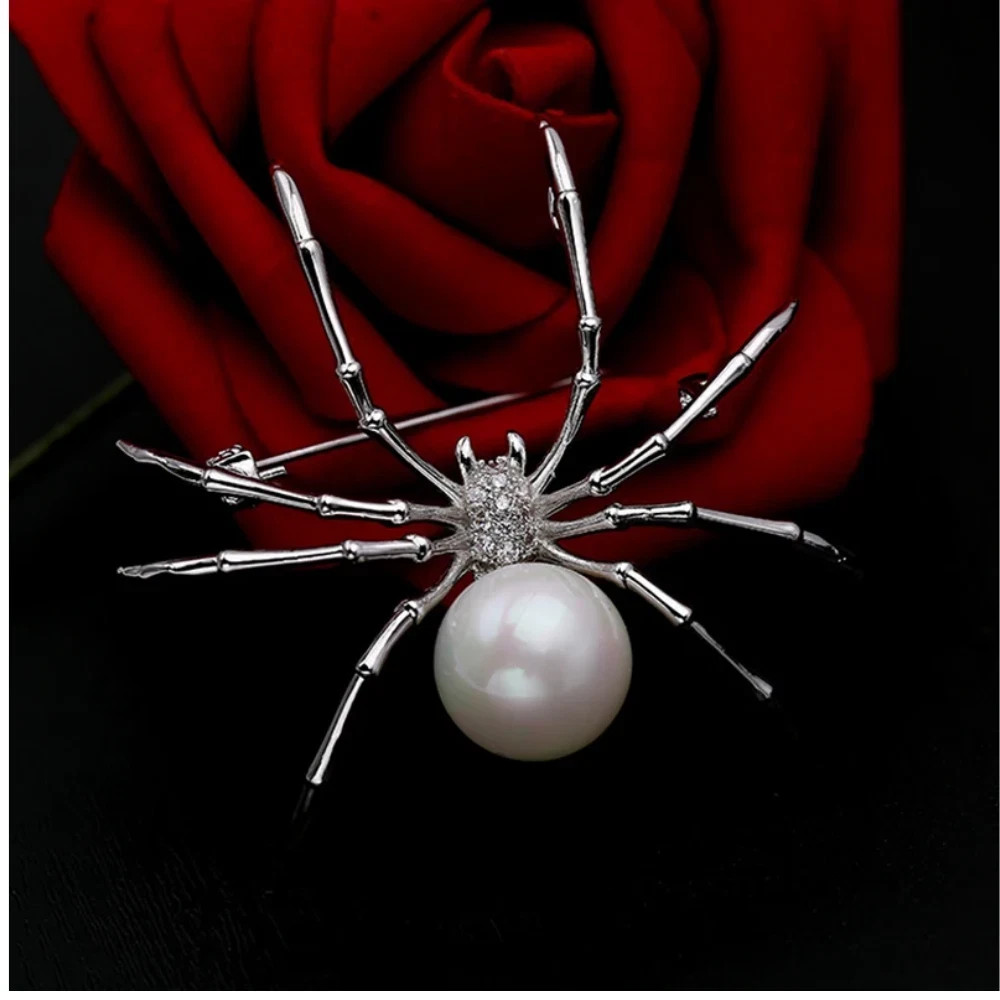 Vintage Rhinestone Spider Brooch Silver Pearl Pin Insect Bug Jewelry Summer Gift